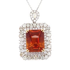 GIA Certified 18.62 Carat Emerald Cut Orange Sapphire Diamond Pendant Necklace