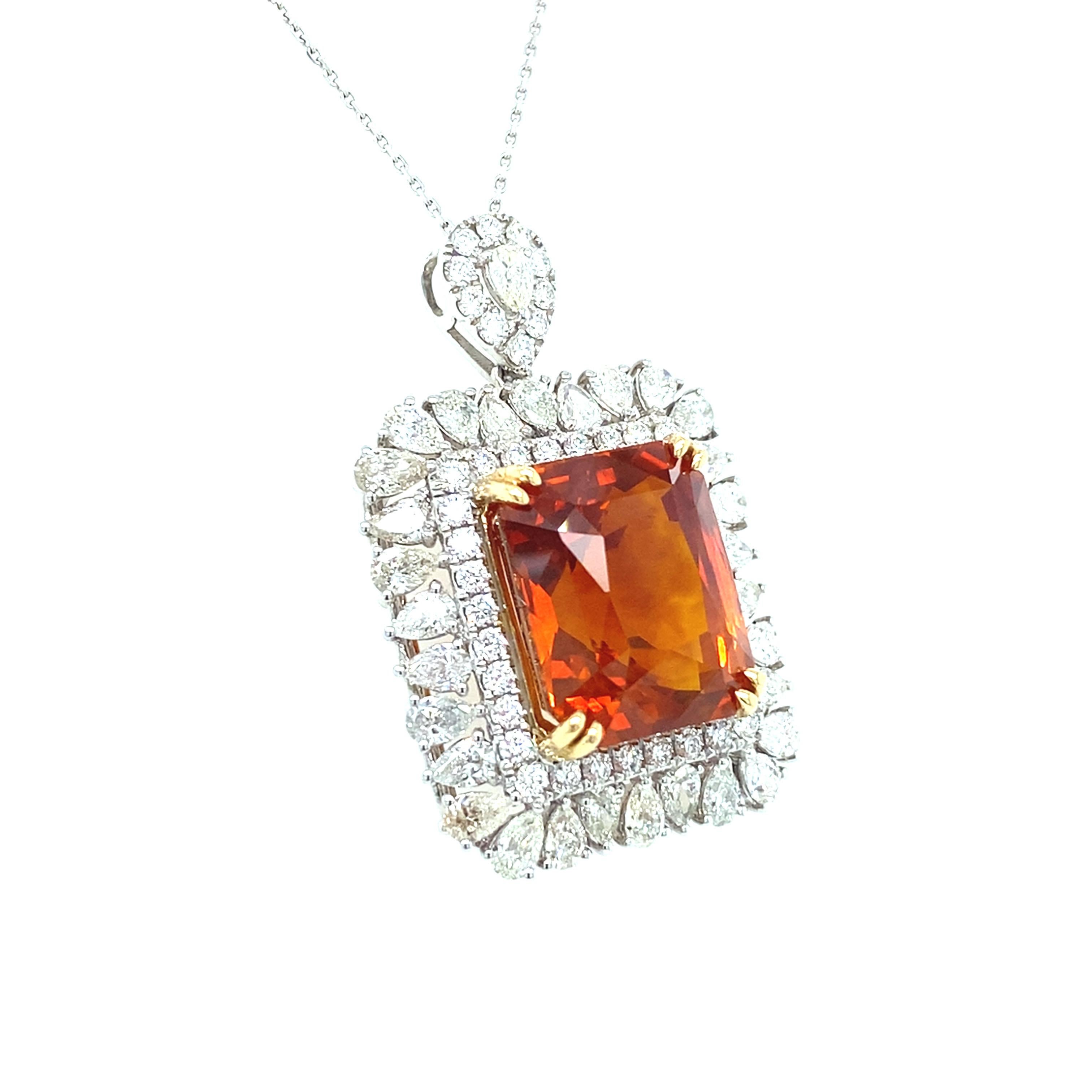 Artisan GIA Certified 18.62 Carat Emerald Cut Orange Sapphire Diamond Pendant Necklace For Sale