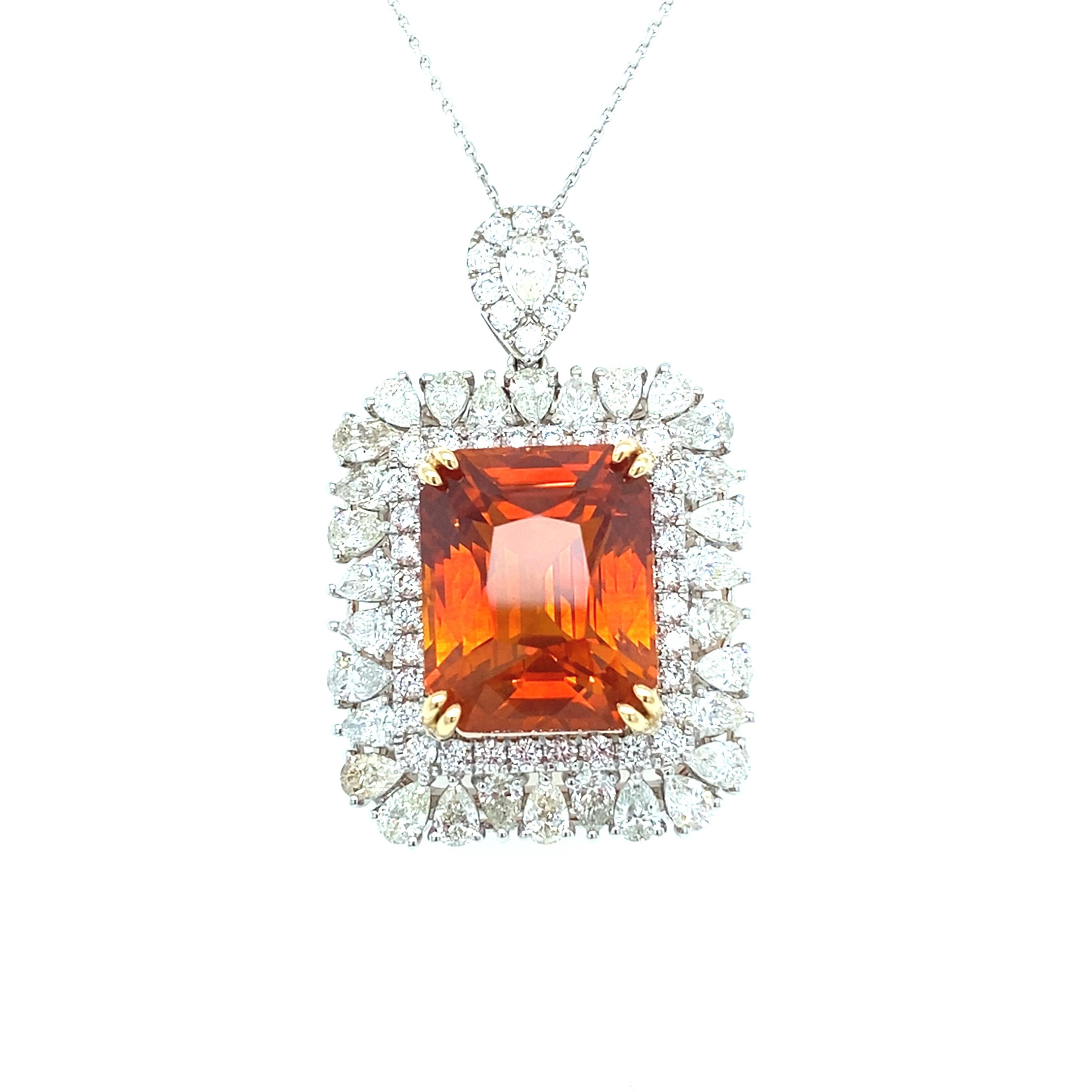 GIA Certified 18.62 Carat Emerald Cut Orange Sapphire Diamond Pendant Necklace In New Condition For Sale In Trumbull, CT