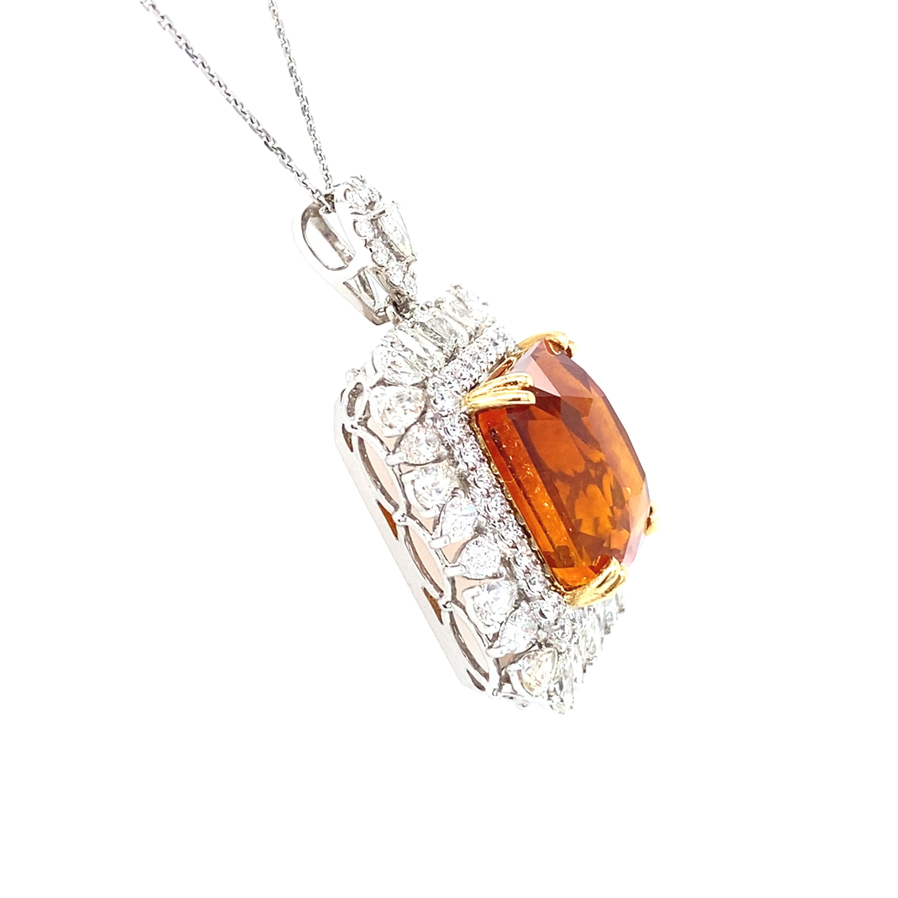 Women's GIA Certified 18.62 Carat Emerald Cut Orange Sapphire Diamond Pendant Necklace For Sale