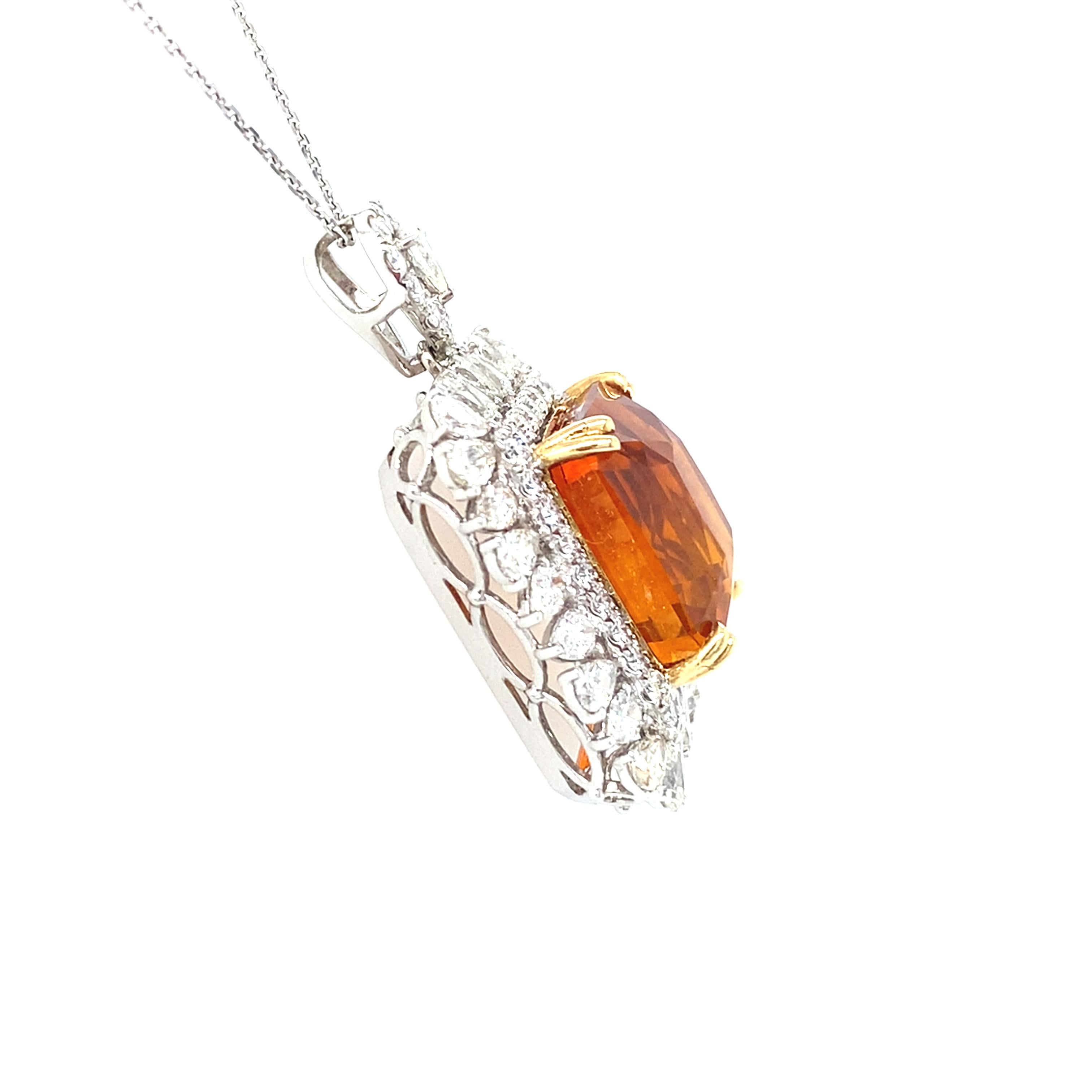 GIA Certified 18.62 Carat Emerald Cut Orange Sapphire Diamond Pendant Necklace For Sale 1