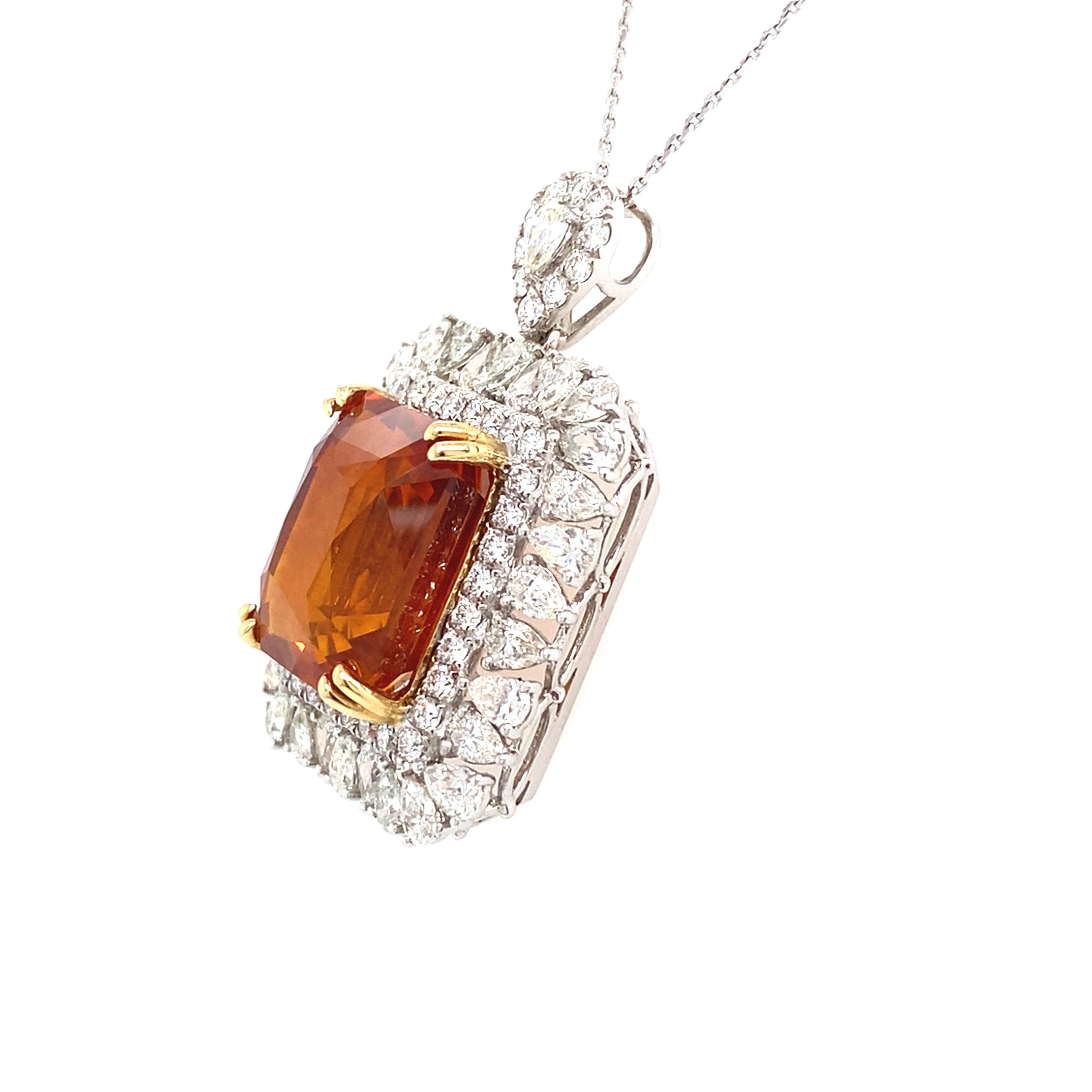 GIA Certified 18.62 Carat Emerald Cut Orange Sapphire Diamond Pendant Necklace For Sale 4