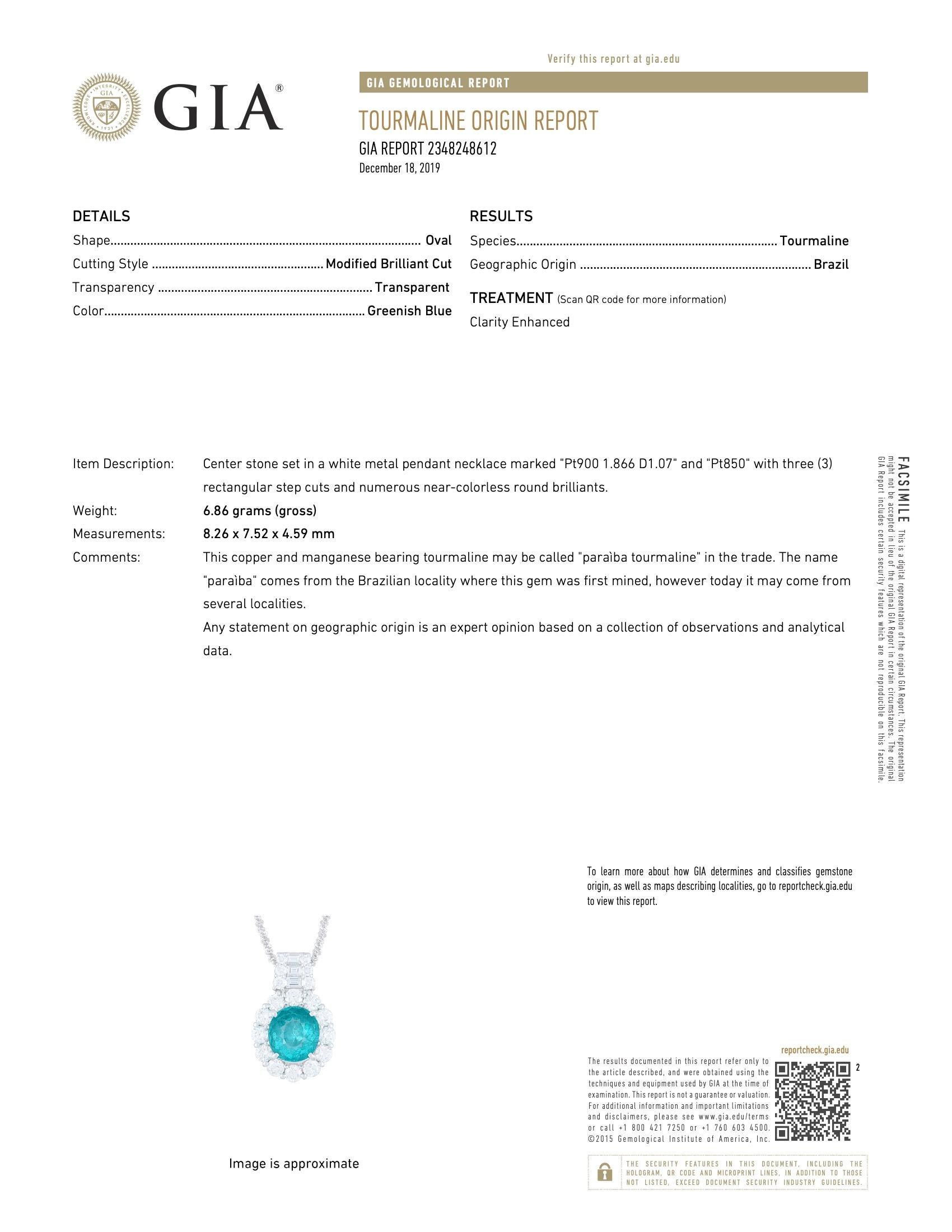 Introducing our exquisite Brazilian Paraiba Tourmaline Diamond Pendant, an unparalleled statement piece crafted to dazzle and impress. The pendant features a rare and stunning 1.87 carat Brazilian Paraiba Tourmaline, certified by the Gemological