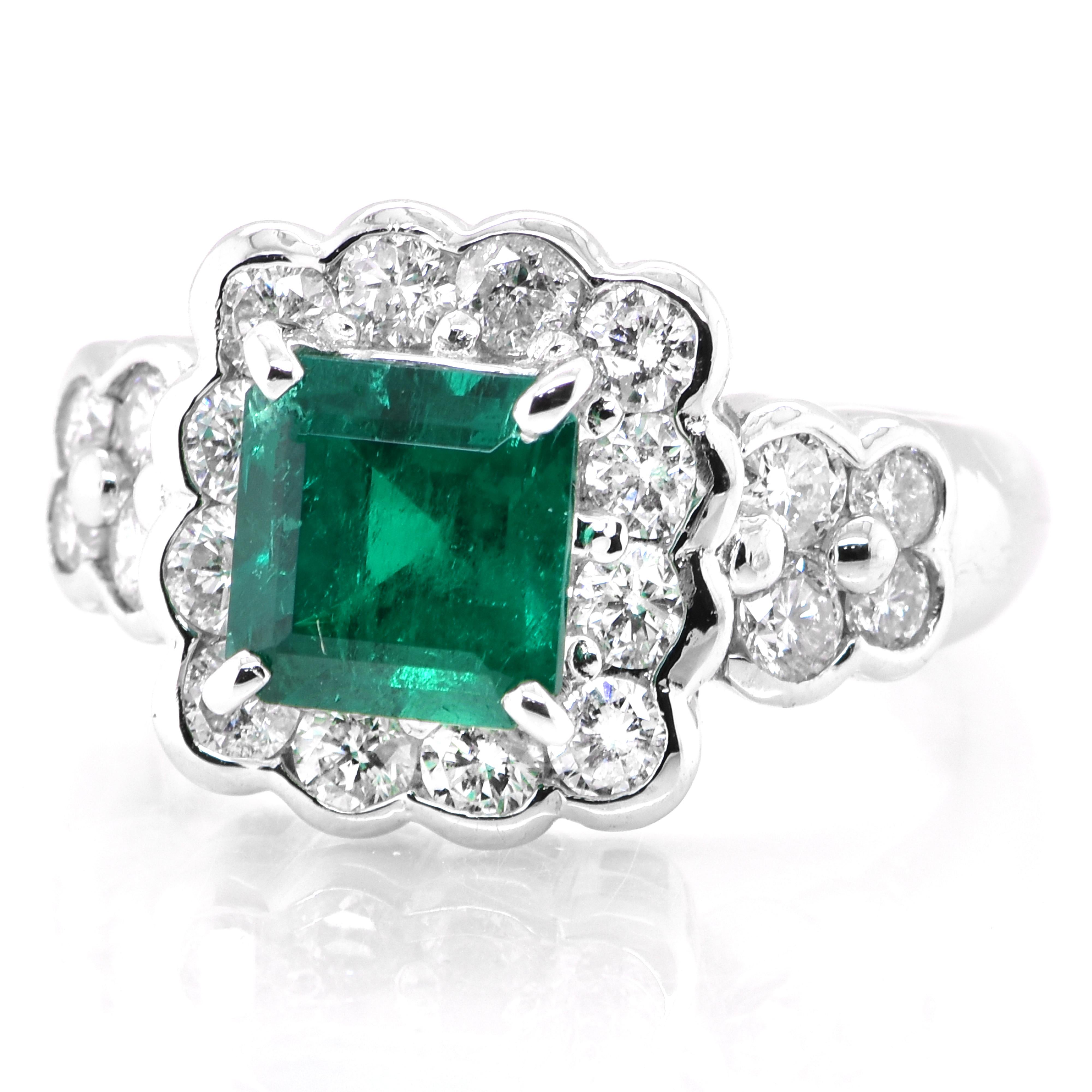 A stunning ring featuring a 1.87 Carat Natural Emerald and 1.33 Carats of Diamond Accents set in Platinum. People have admired emerald’s green for thousands of years. Emeralds have always been associated with the lushest landscapes and the richest
