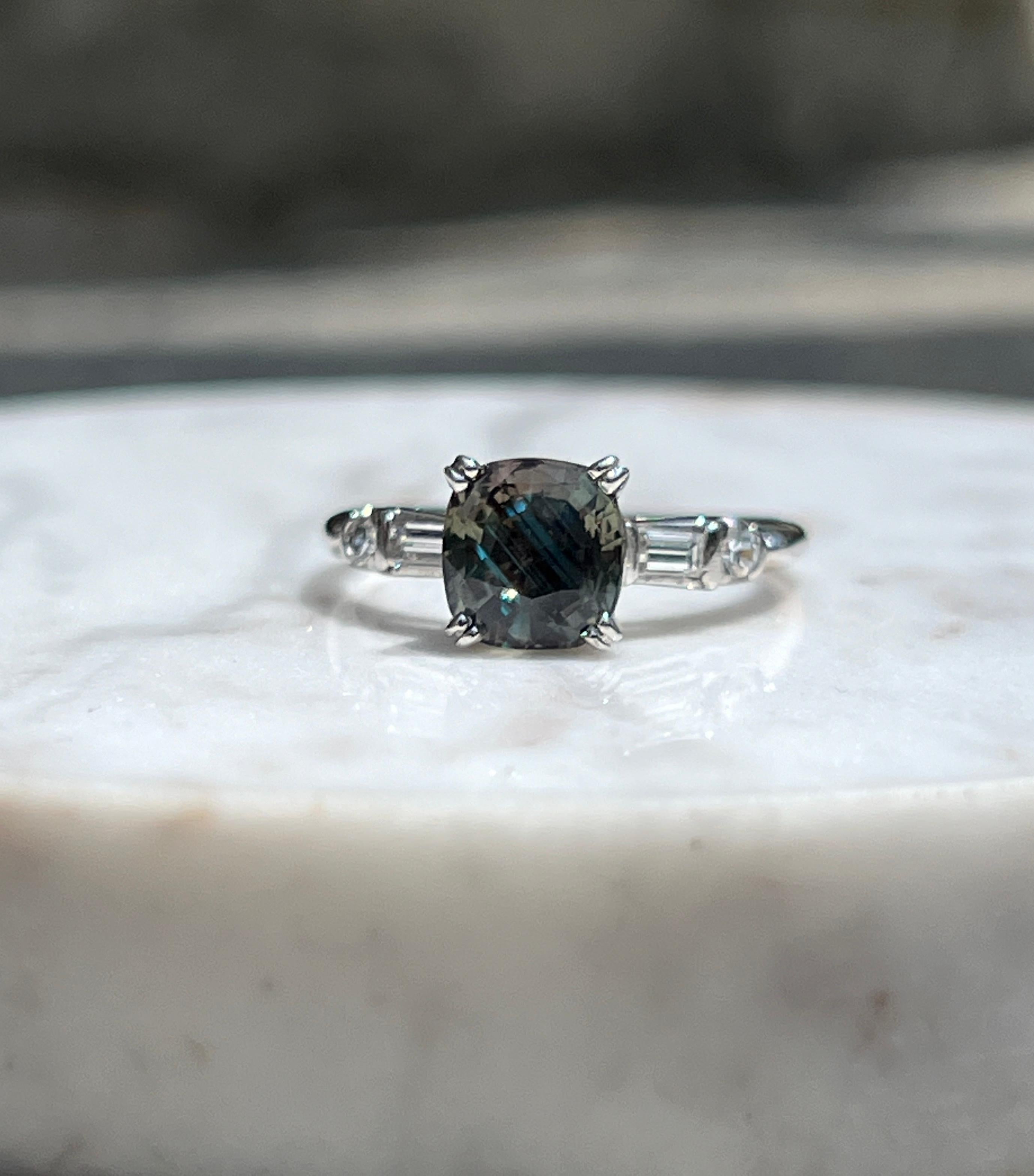 GIA Certified 1.87 Carat Cushion Cut Alexandrite Diamond and Platinum Ring 1