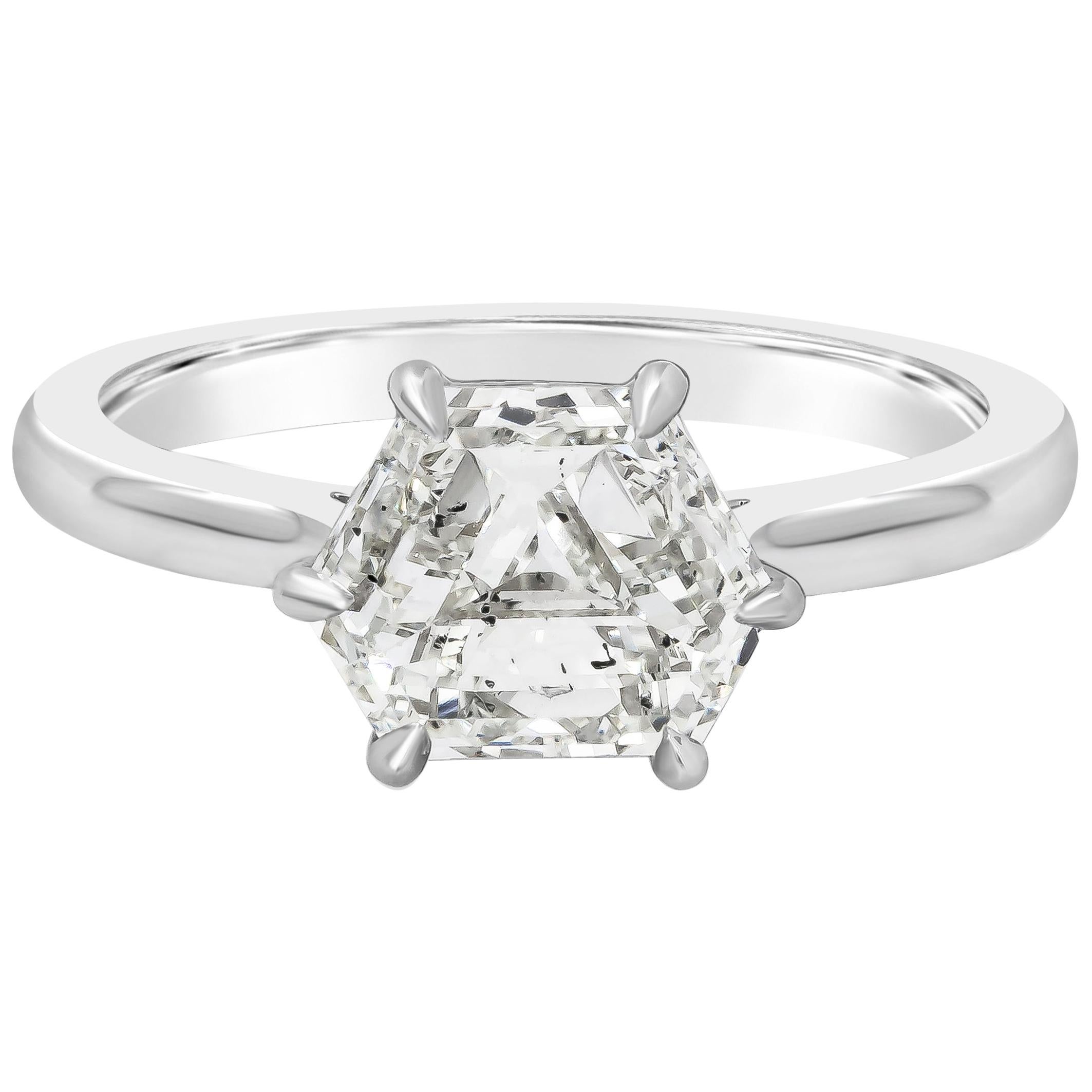 Bague de fiançailles solitaire en platine avec diamant taille hexagonale de 1,87 carat certifié GIA