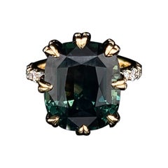 GIA Certified 18.78 Carat Sapphire Blue Green Diamond Cocktail Ring YG 18K