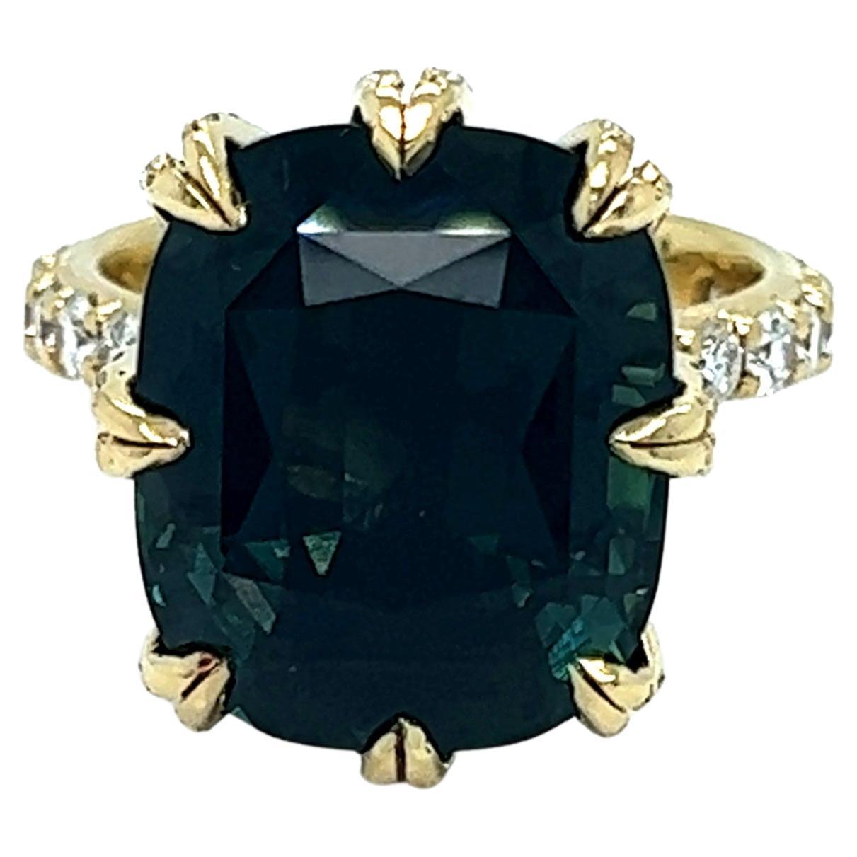 GIA Certified 18.78 Carat Sapphire Blue Green Diamond Cocktail Ring YG 18K For Sale