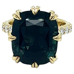 GIA Certified 18.78 Carat Sapphire Blue Green Diamond Cocktail Ring YG 18K