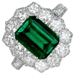GIA Certified 1.87ct Emerald Engagement Ring, I color Diamond Halo, Platinum