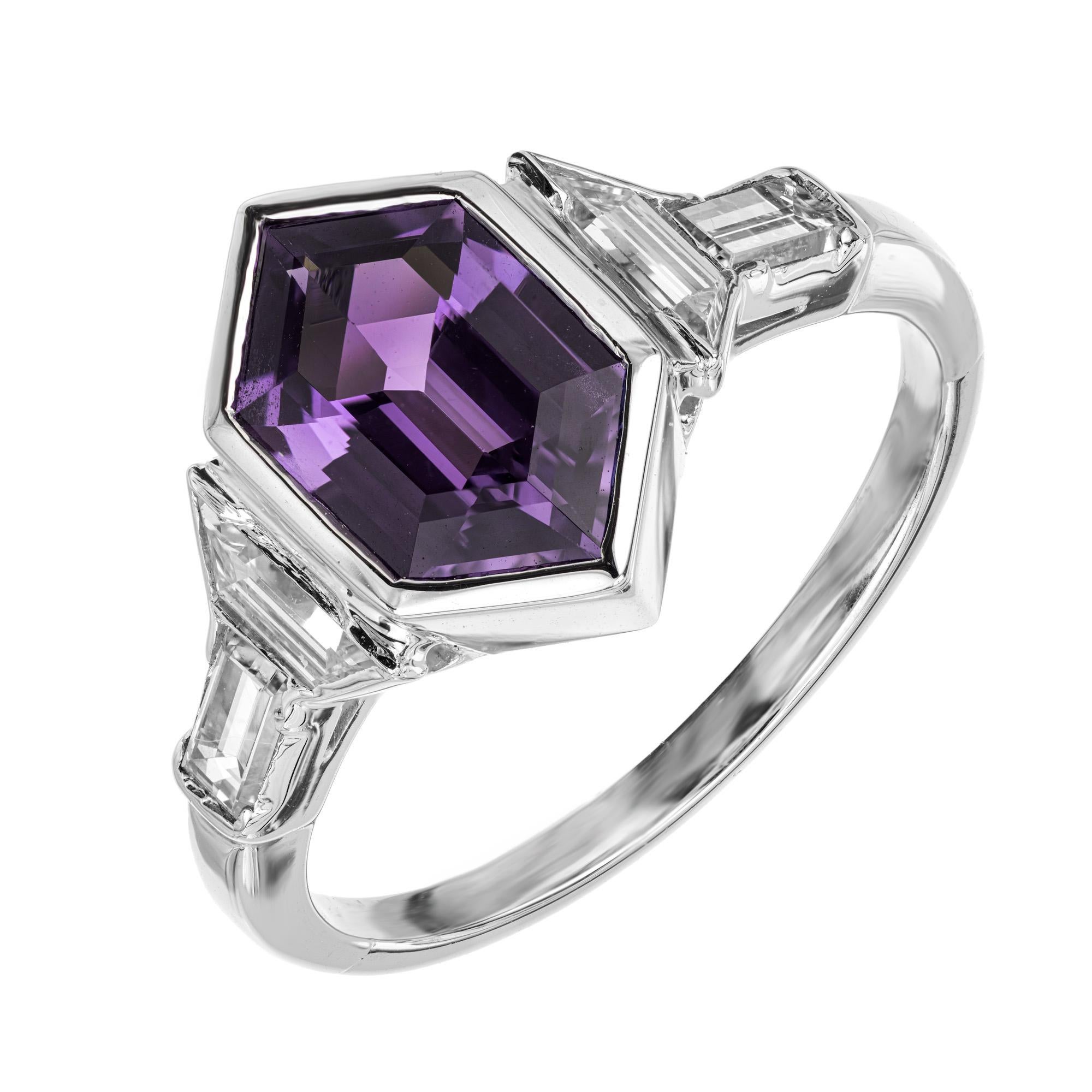 1920's 1.88 Carat Hexagonal Sapphire and Diamond Art Deco Platinum Engagement Ring. The centerpiece of the ring is a mesmerizing hexagonal 1.88ct sapphire, certified by the GIA as natural, no heat. With its deep purple hue and exceptional clarity it