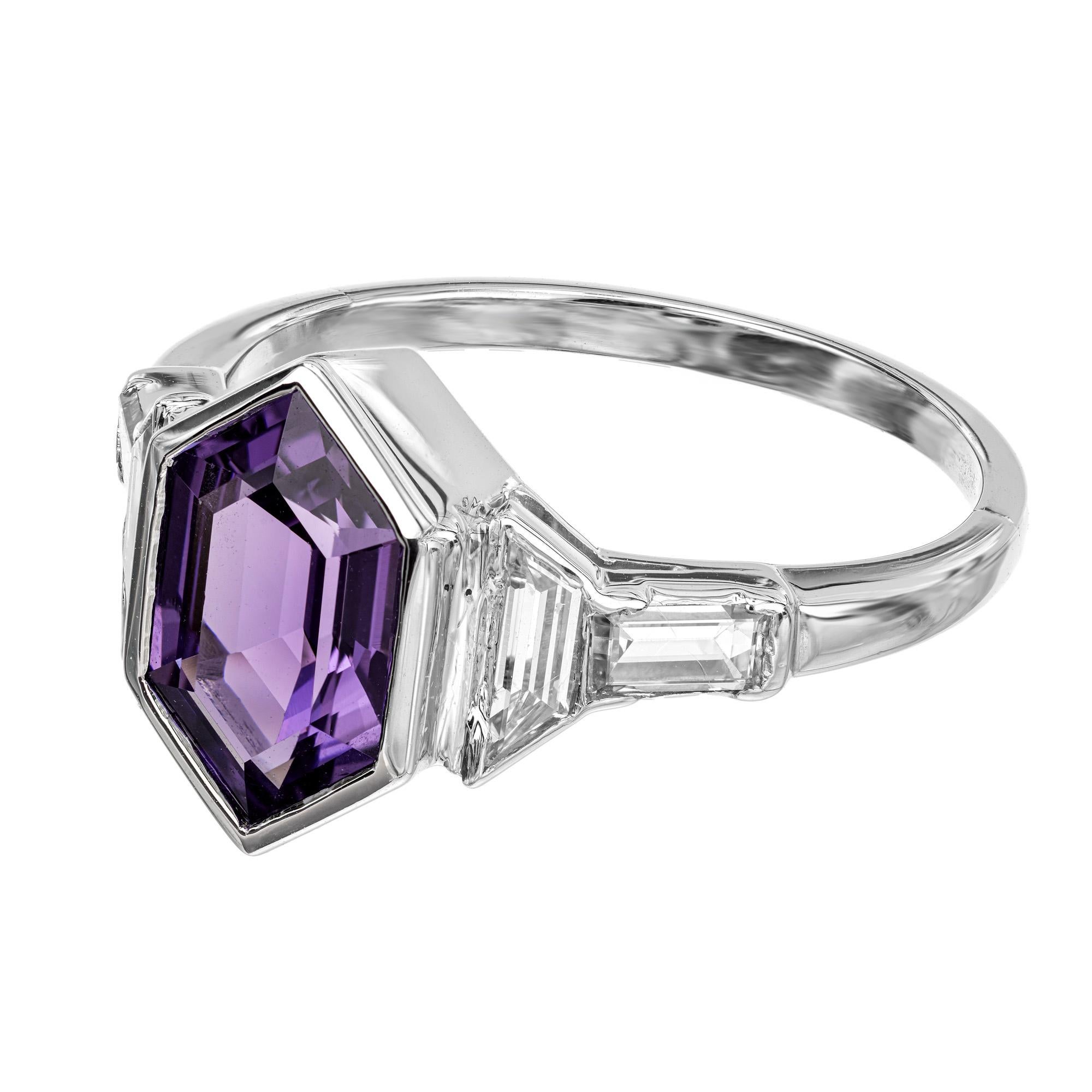 Baguette Cut GIA Certified 1.88 Carat Hexagonal Sapphire Diamond Platinum Engagement Ring  For Sale