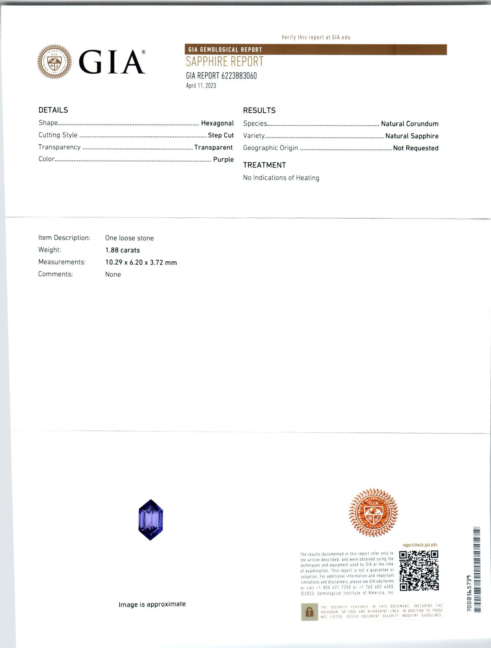 Bague de fiançailles en platine avec saphir hexagonal certifié GIA de 1,88 carat et diamants  Bon état - En vente à Stamford, CT