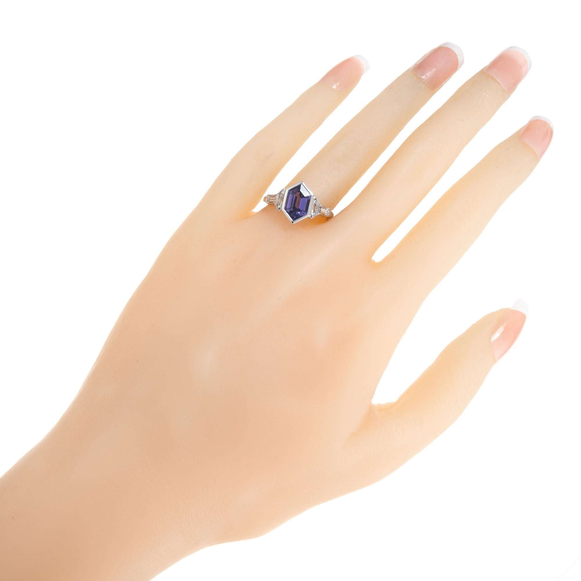 GIA Certified 1.88 Carat Hexagonal Sapphire Diamond Platinum Engagement Ring  For Sale 3