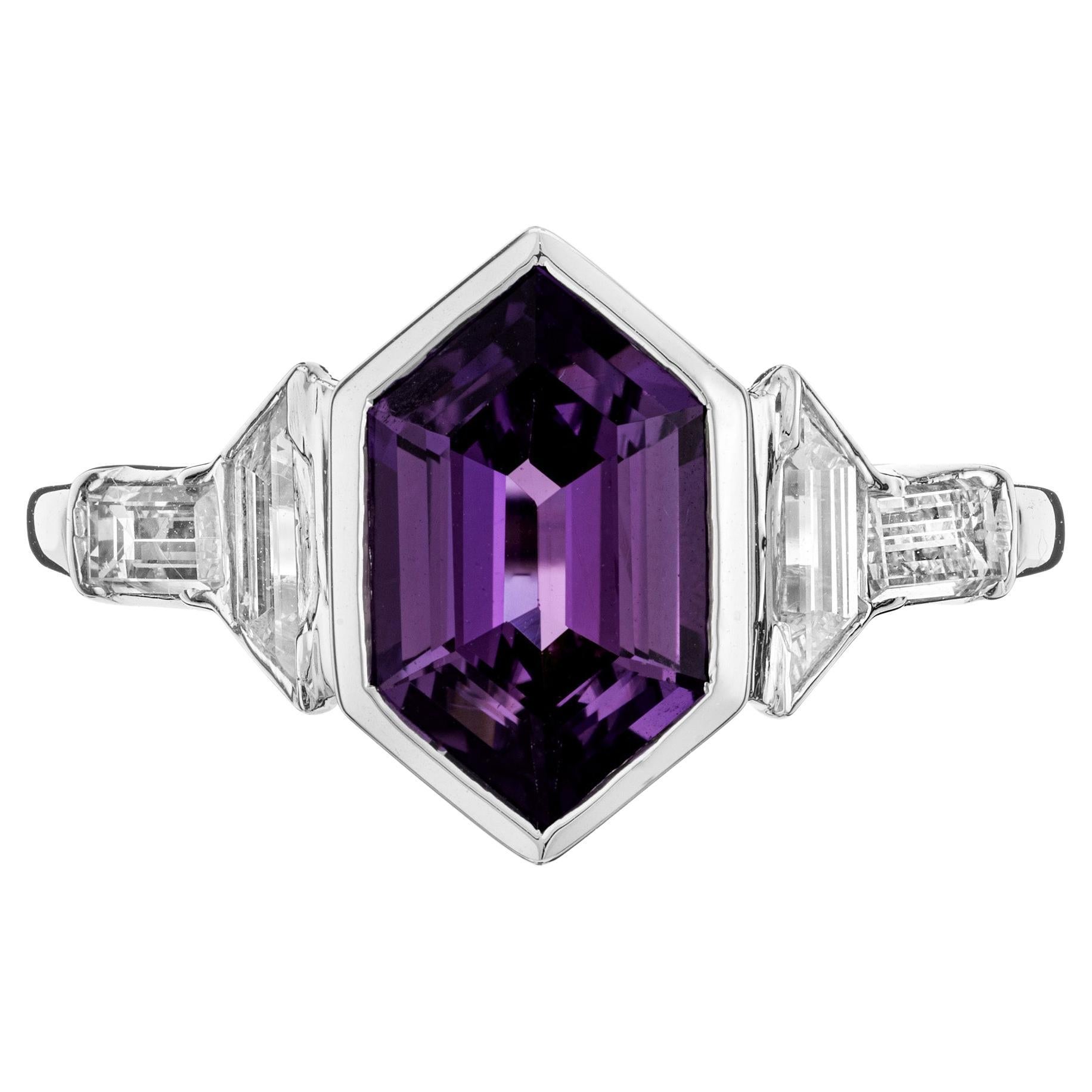GIA Certified 1.88 Carat Hexagonal Sapphire Diamond Platinum Engagement Ring  For Sale
