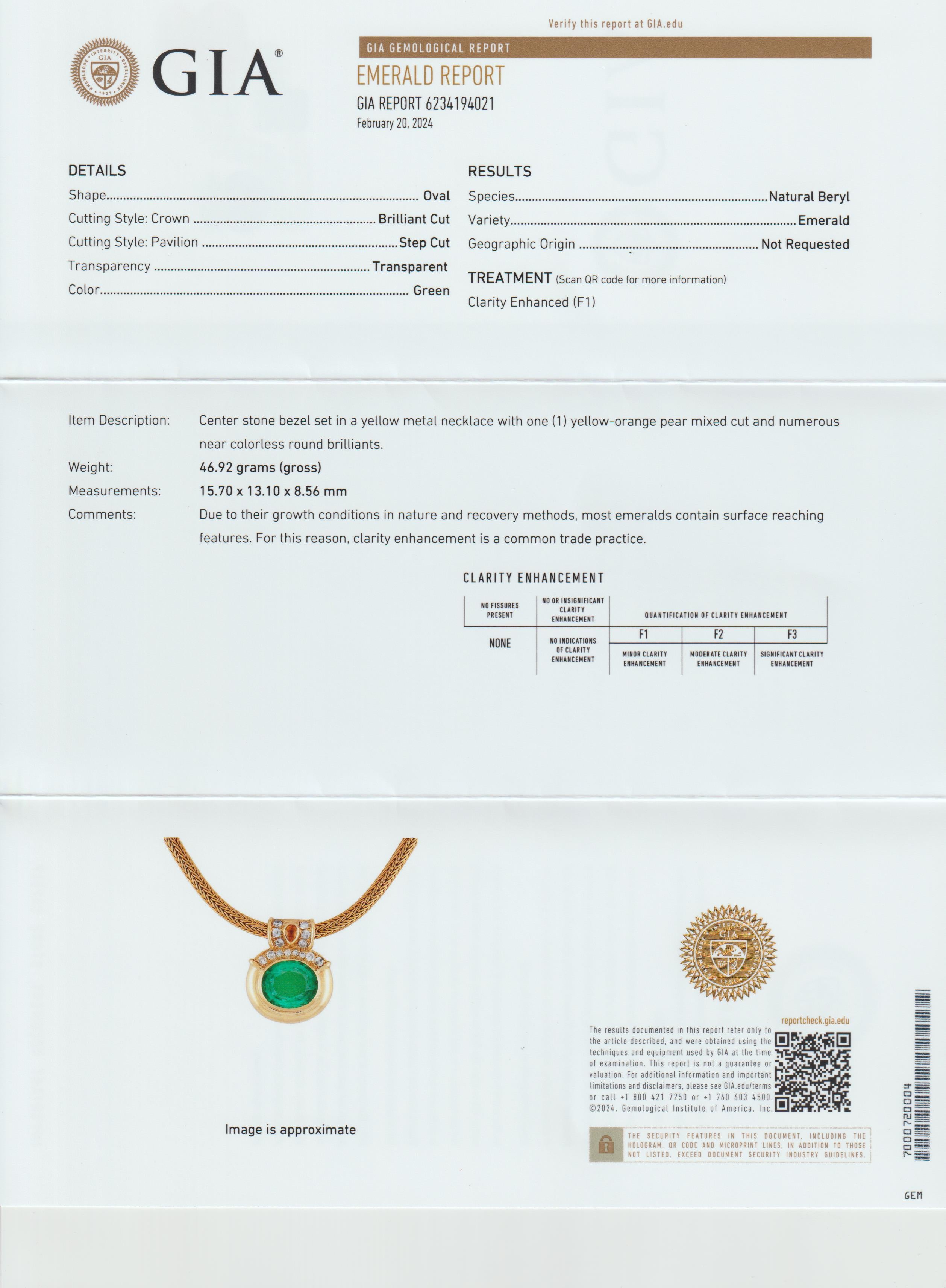 GIA Certified 18.80cts. Oval Emerald and Diamond Pendant set in 18k Yellow Gold For Sale 3