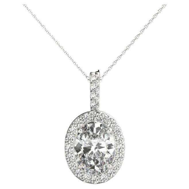GIA Certified 1.88ct Oval Diamond Halo White White Gold Pendant Necklace For Sale