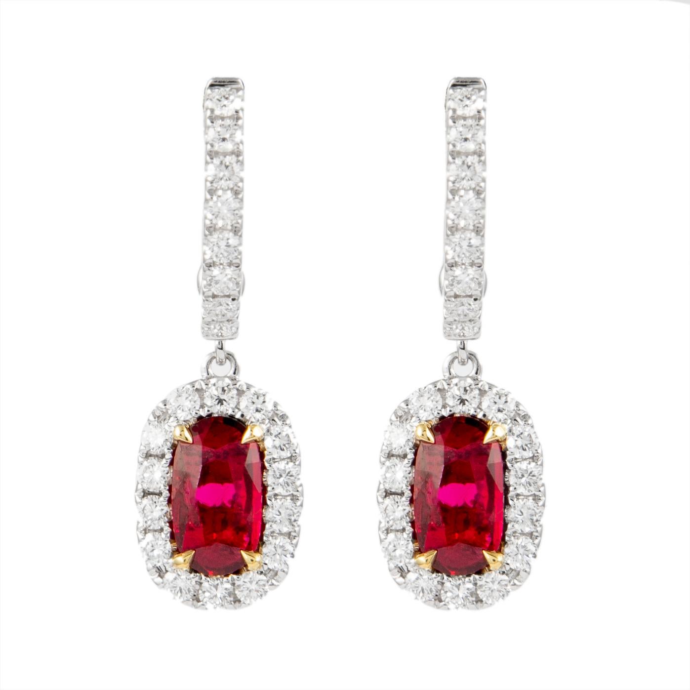 GIA Certified 1.89ct Oval No Heat Ruby with Diamond Halo Drop Earrings 18k Gold