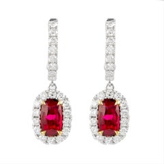GIA Certified 1.89ct Oval No Heat Ruby with Diamond Halo Drop Earrings 18k Gold
