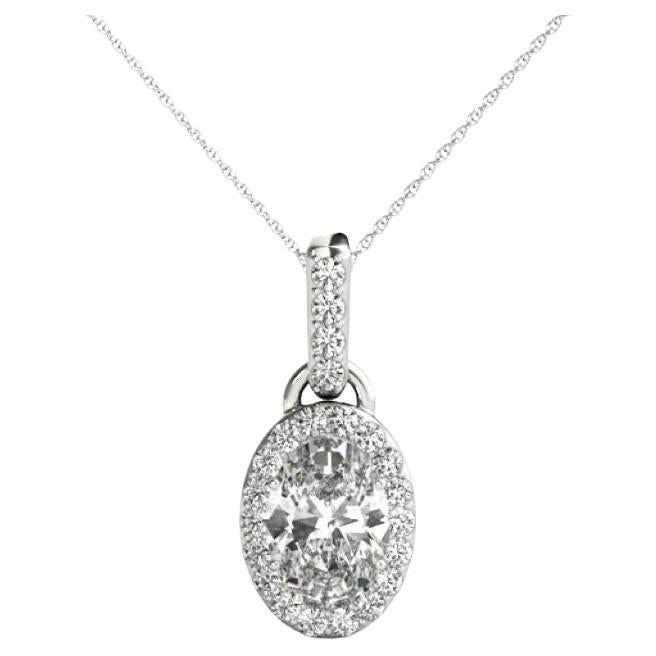 GIA Certified 1.8ct Oval Diamond Halo White Gold Bezel Pendant Necklace