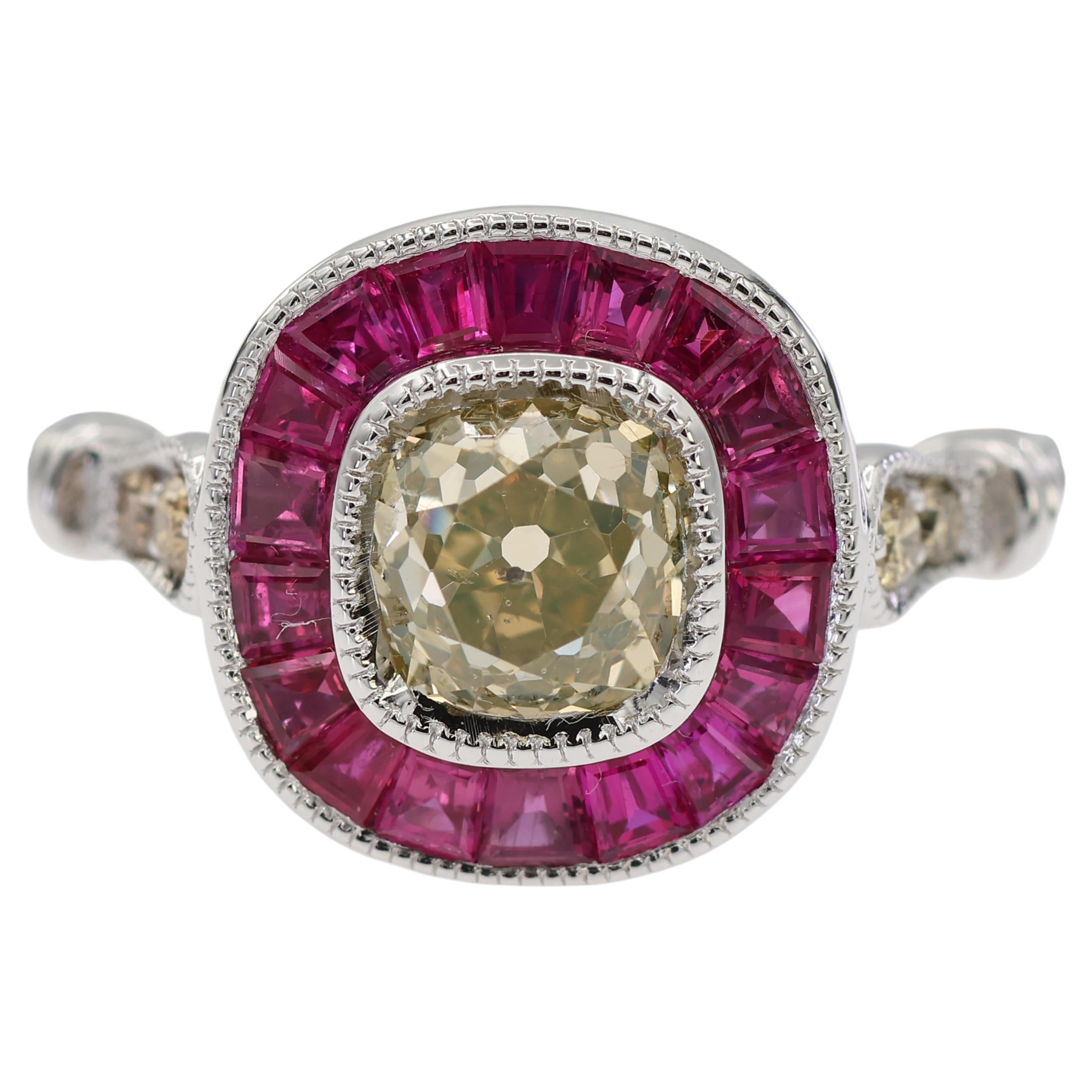 GIA Certified 18K 750 Solid White Gold Natural Diamond and Ruby Engagement Ring