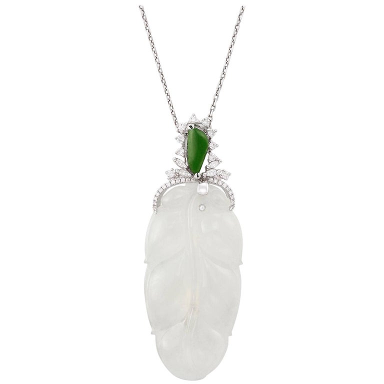 GIA Certified 18k Carved White Jade, Jade and Diamond Pendant and Chain Necklace For Sale