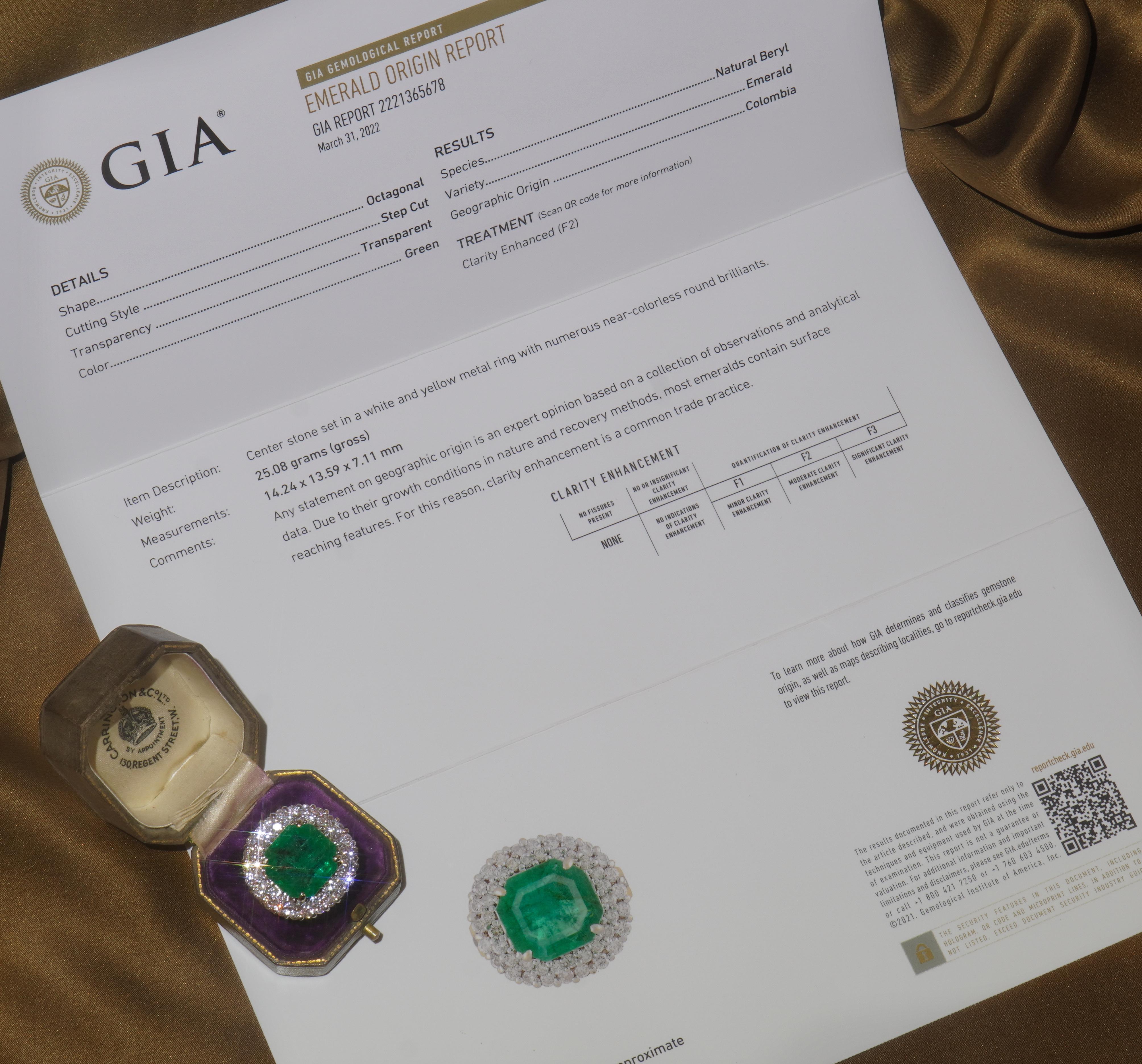 GIA 18K Colombian Green Emerald Diamond Ring Certified Huge VS Gold 14.43 Carats 2