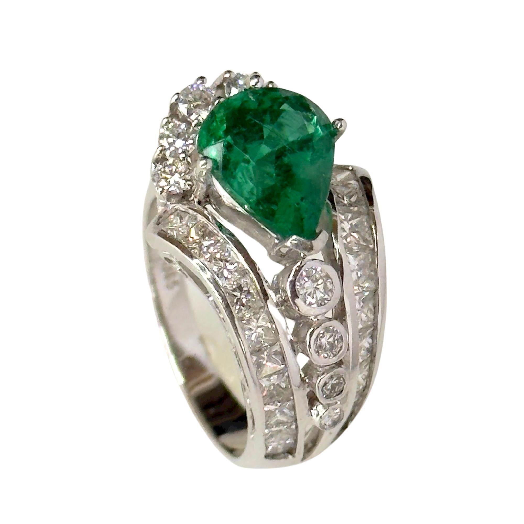 Feel luxurious with this GIA Certified 18k Diamond and Emerald Ring! In good condition with minor wear, this ring boasts a stunning 2.77 carat emerald and sparkling 1.27 carat princess cut diamonds, with 0.44 carats of diamond accents. Weighing 7.33