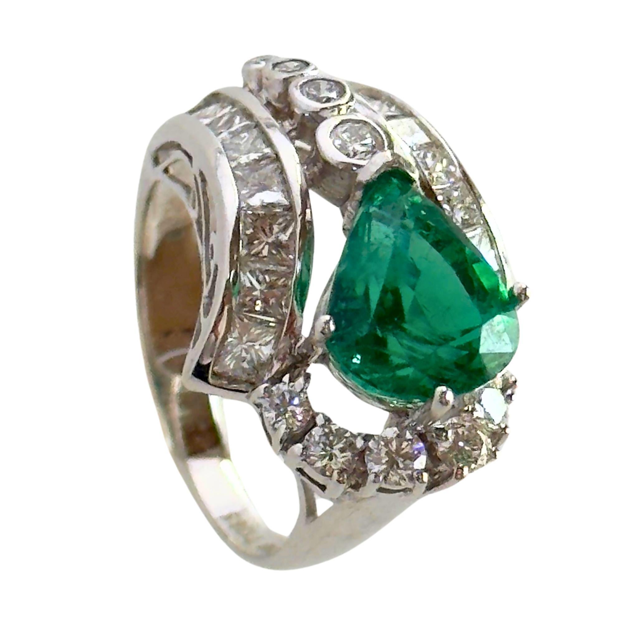 Modern GIA Certified 18k Diamond and Emerald Ring