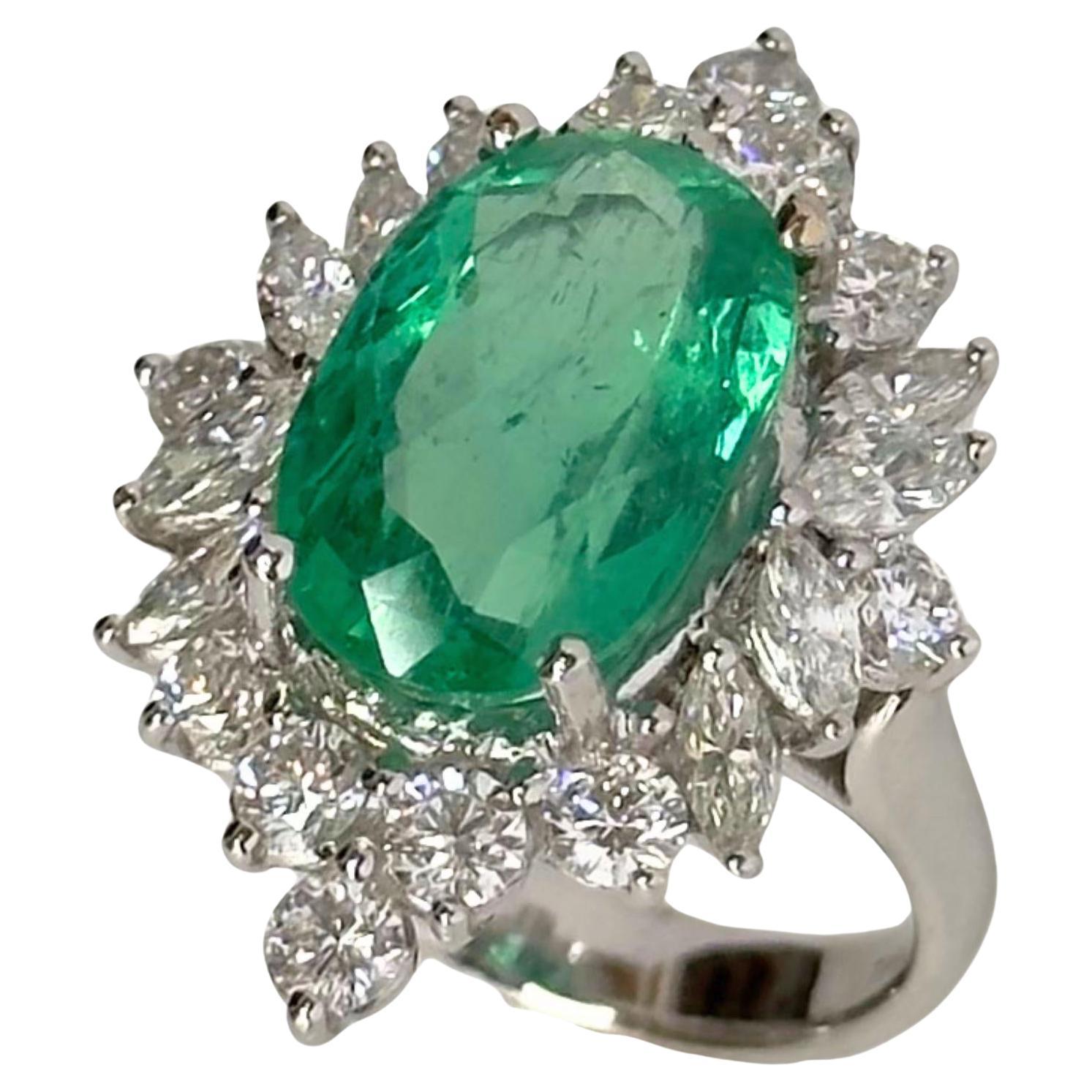 GIA Certified 18k Diamond and Emerald Ring For Sale