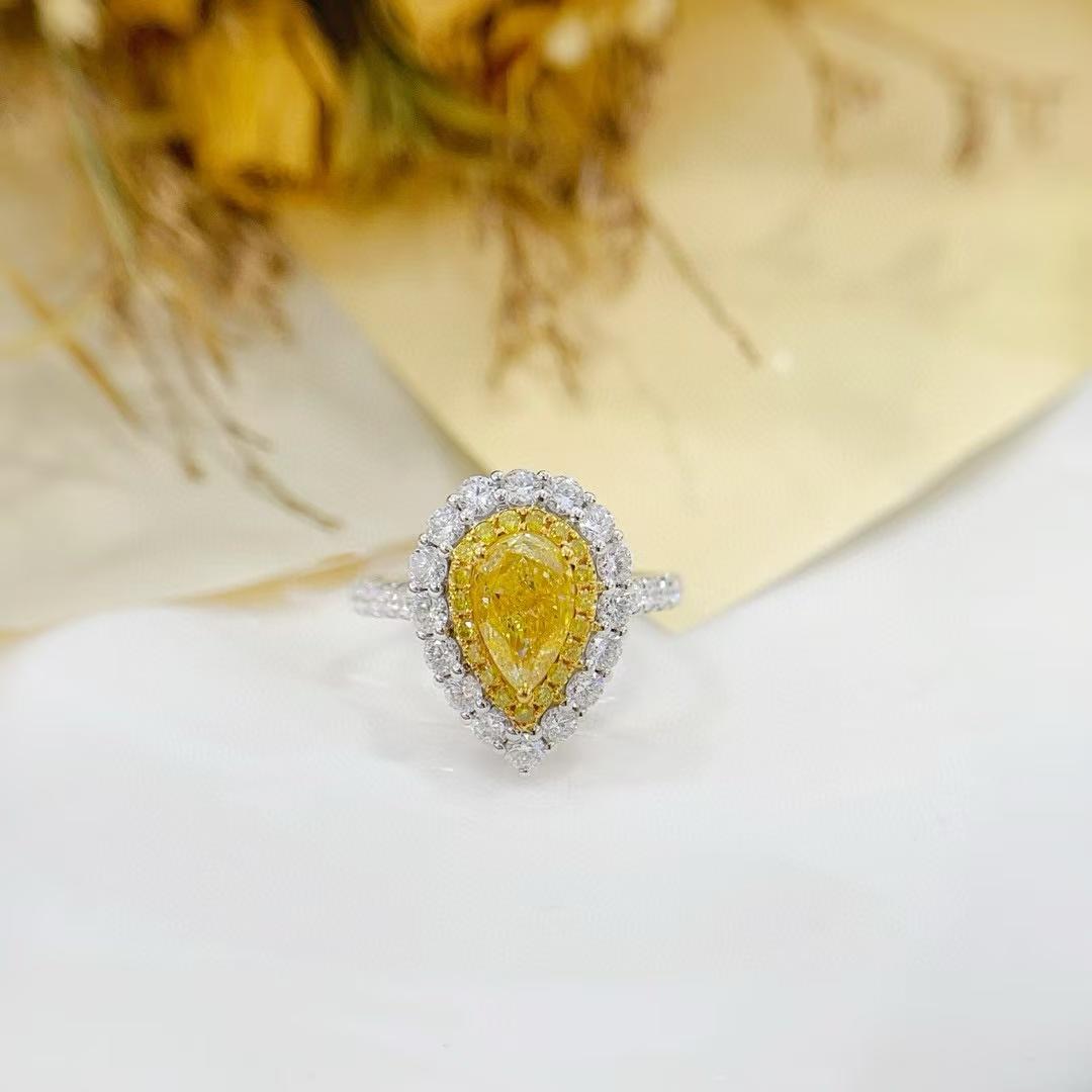GIA Certified Yellow Diamond Double Halo Cocktail Ring In New Condition For Sale In Kowloon, HK