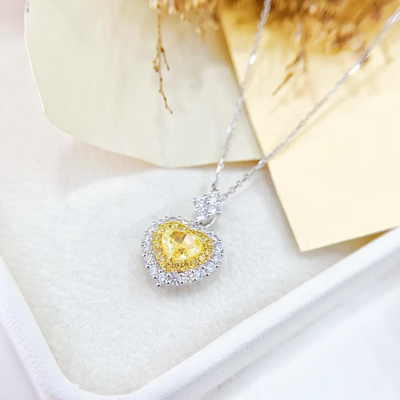 Heart Cut GIA Certified 18K Gold Heart Shaped Yellow Diamond Halo Set Necklace For Sale