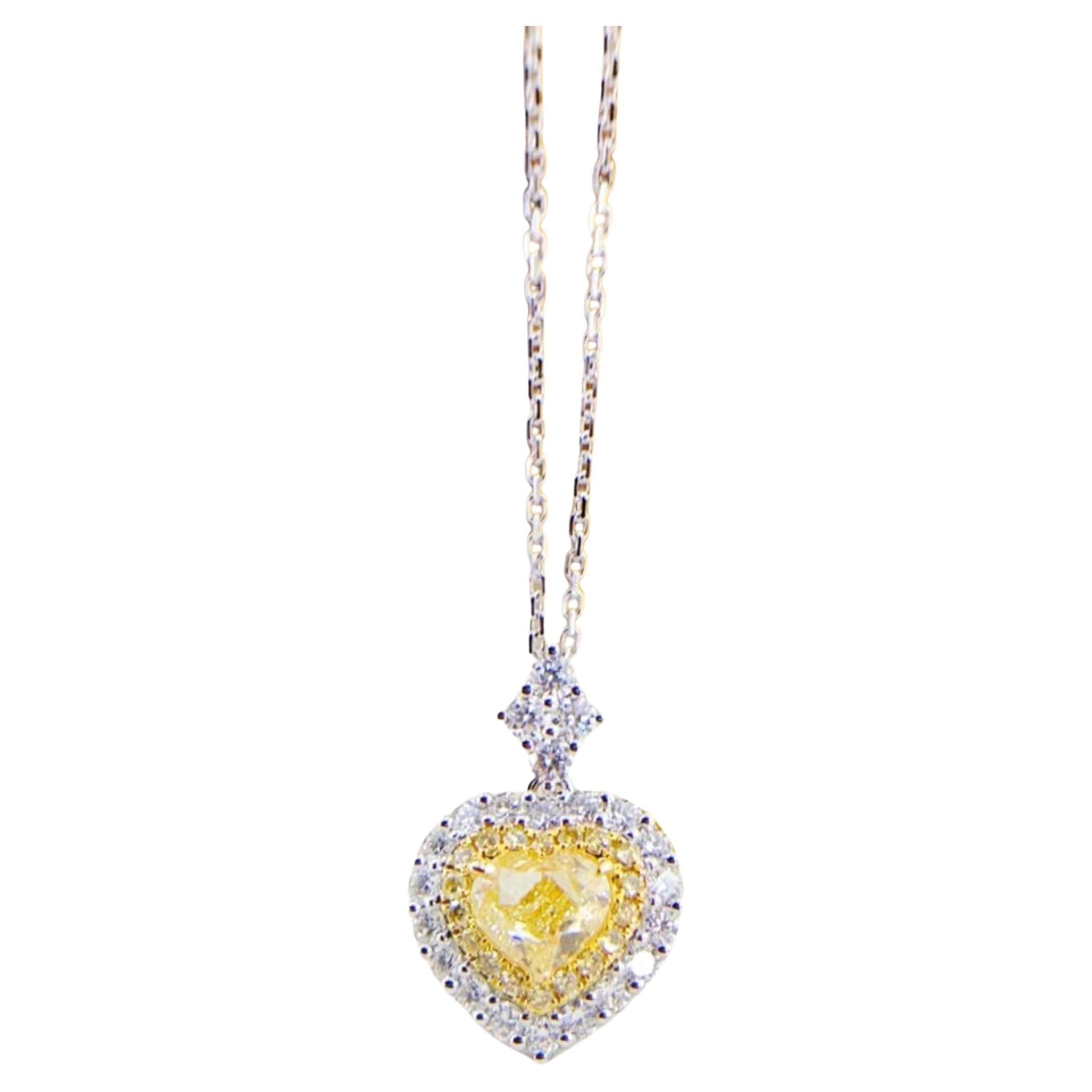 GIA Certified 18K Gold Heart Shaped Yellow Diamond Halo Set Necklace For Sale