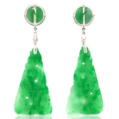 18K Gold Jade Diamond Earrings, GIA