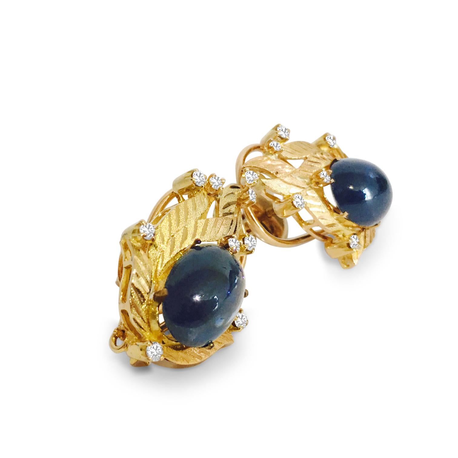 Art Nouveau GIA Certified 18K Gold Natural 14.50 Carat Blue Sapphire & Diamond Earrings For Sale
