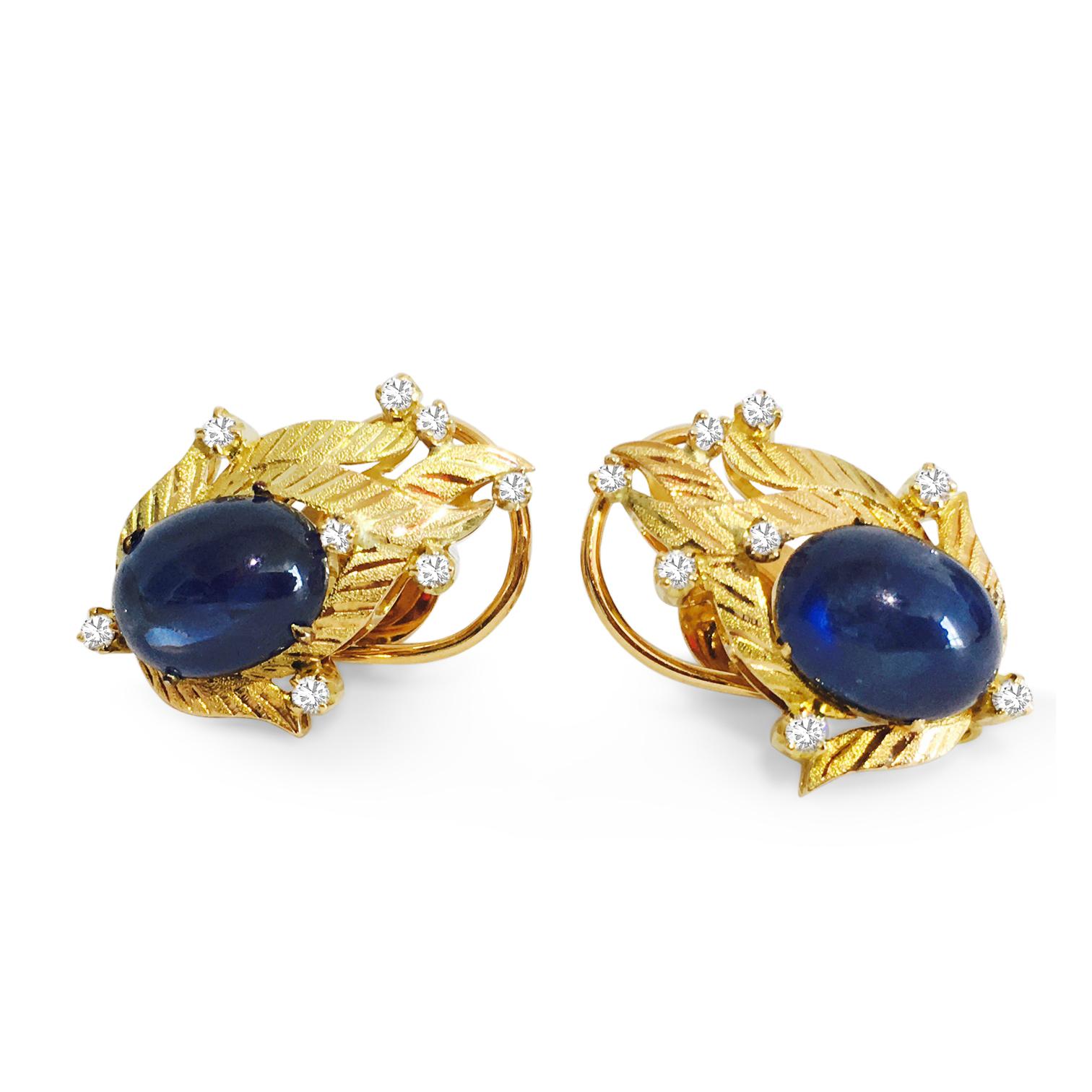 Cabochon GIA Certified 18K Gold Natural 14.50 Carat Blue Sapphire & Diamond Earrings For Sale