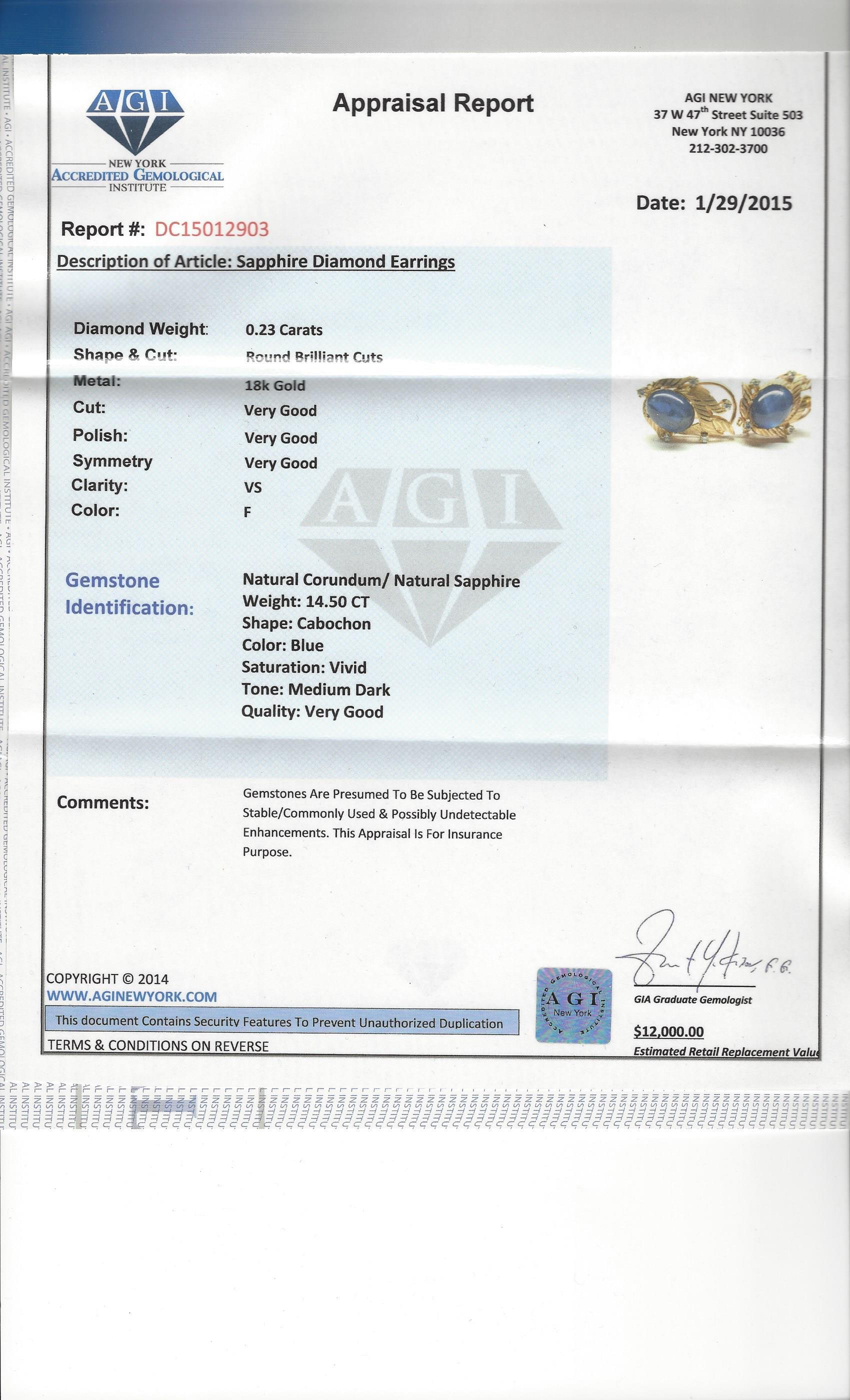 GIA Certified 18K Gold Natural 14.50 Carat Blue Sapphire & Diamond Earrings In Excellent Condition For Sale In Miami, FL