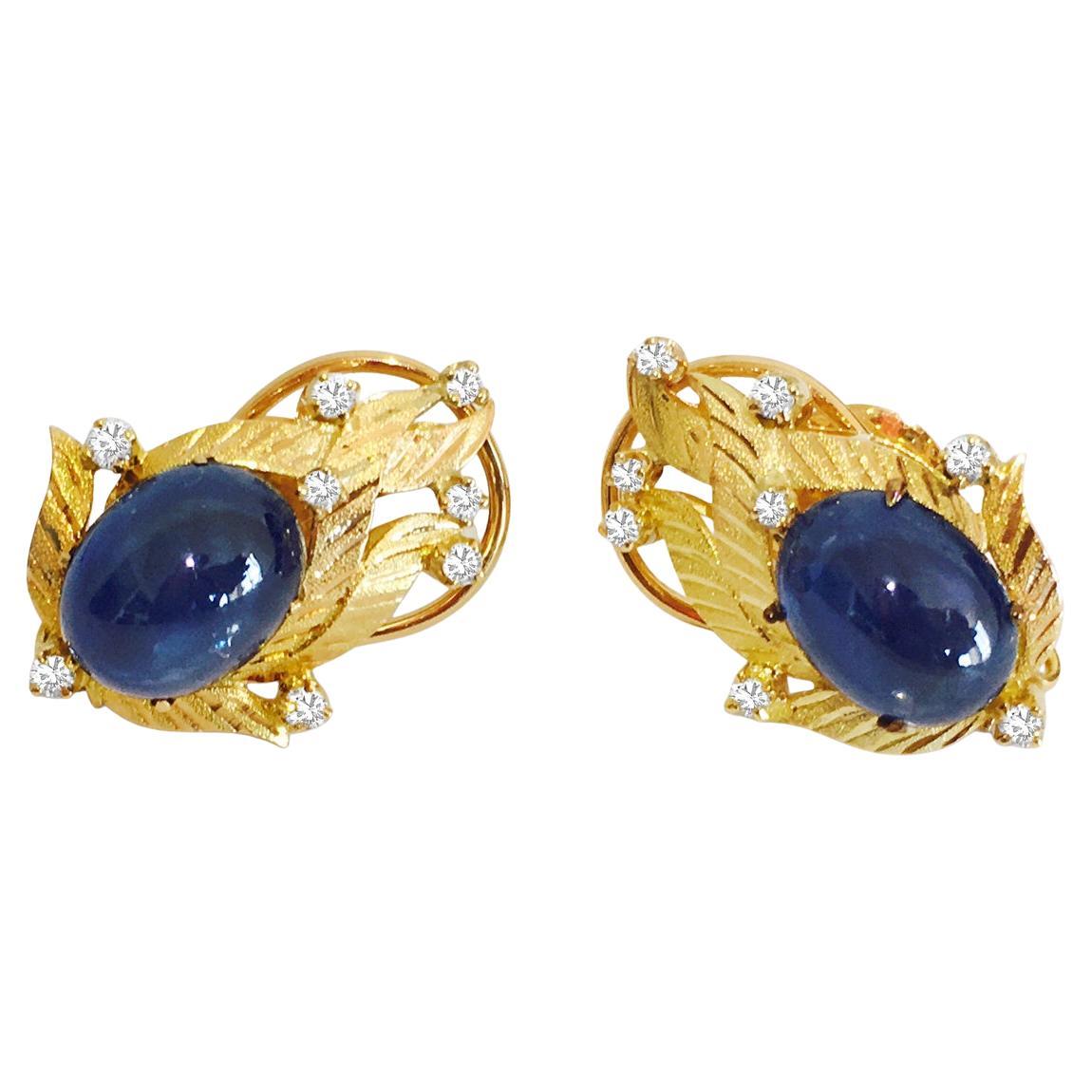 GIA Certified 18K Gold Natural 14.50 Carat Blue Sapphire & Diamond Earrings For Sale