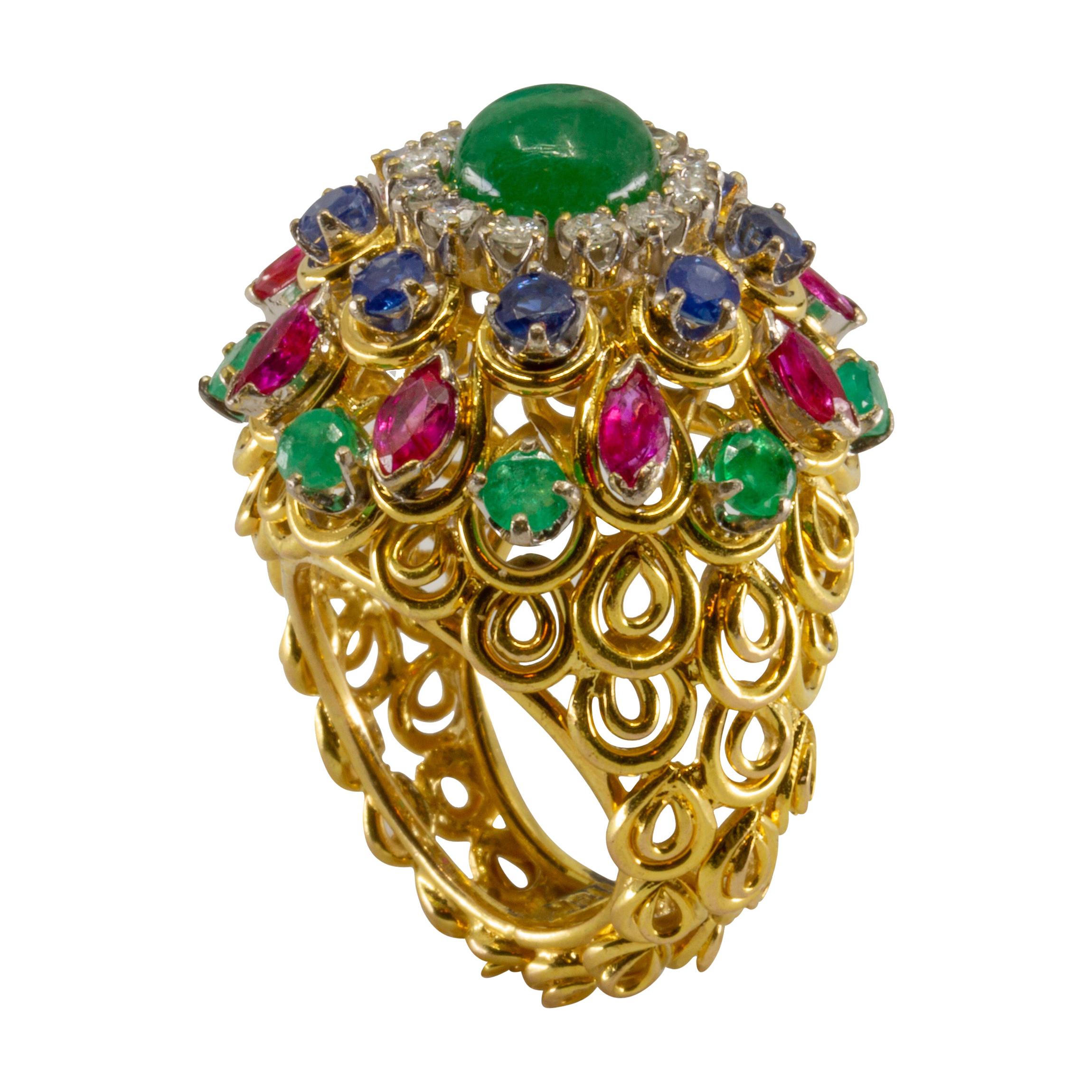 18K Gold Ring with Emeralds, Ruby, Sapphire and .36 carat Diamonds