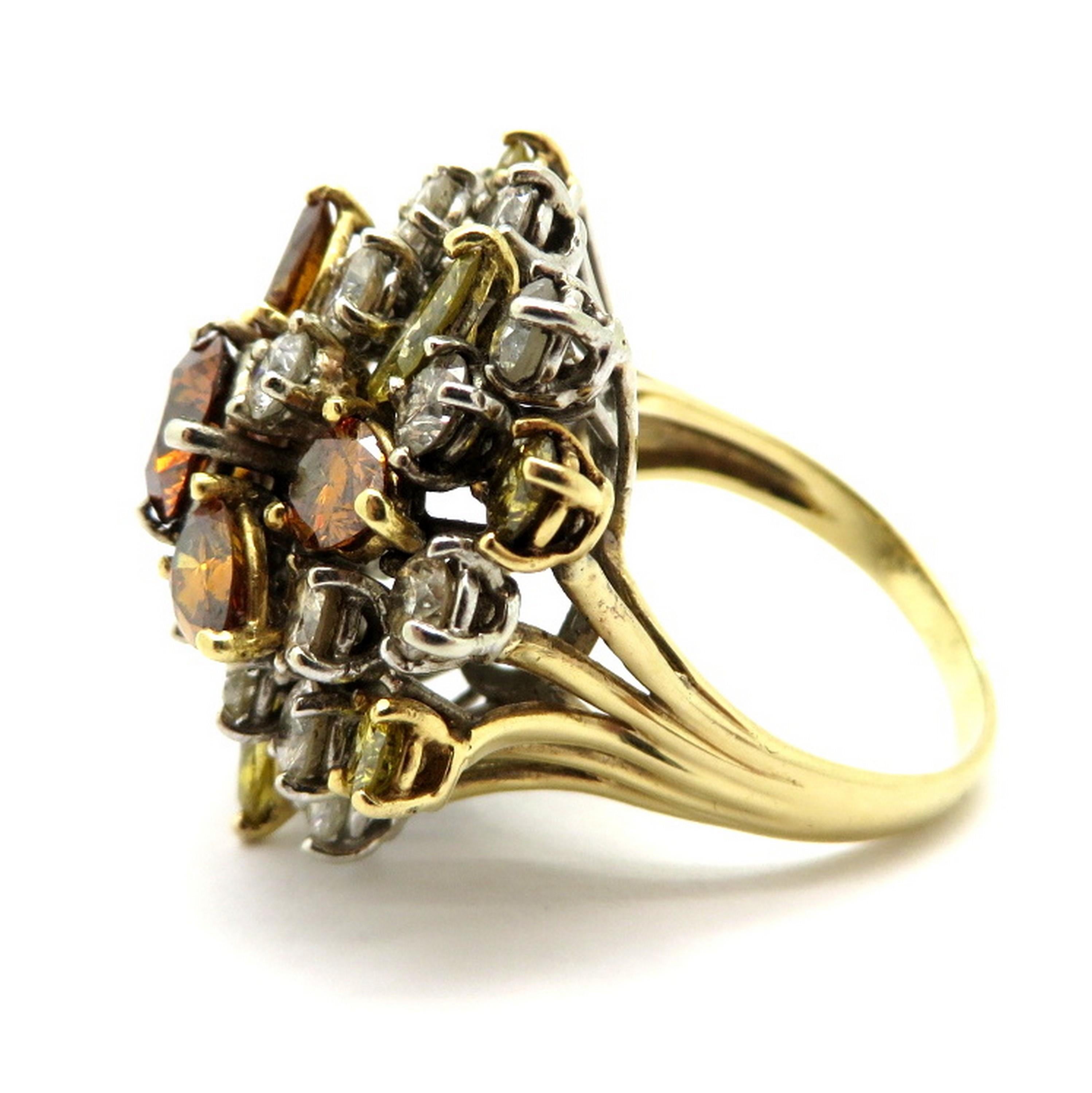 GIA Certified 18K Two-Tone Estate Fancy Brown and Yellow Diamond Cluster Ring In Excellent Condition For Sale In Scottsdale, AZ