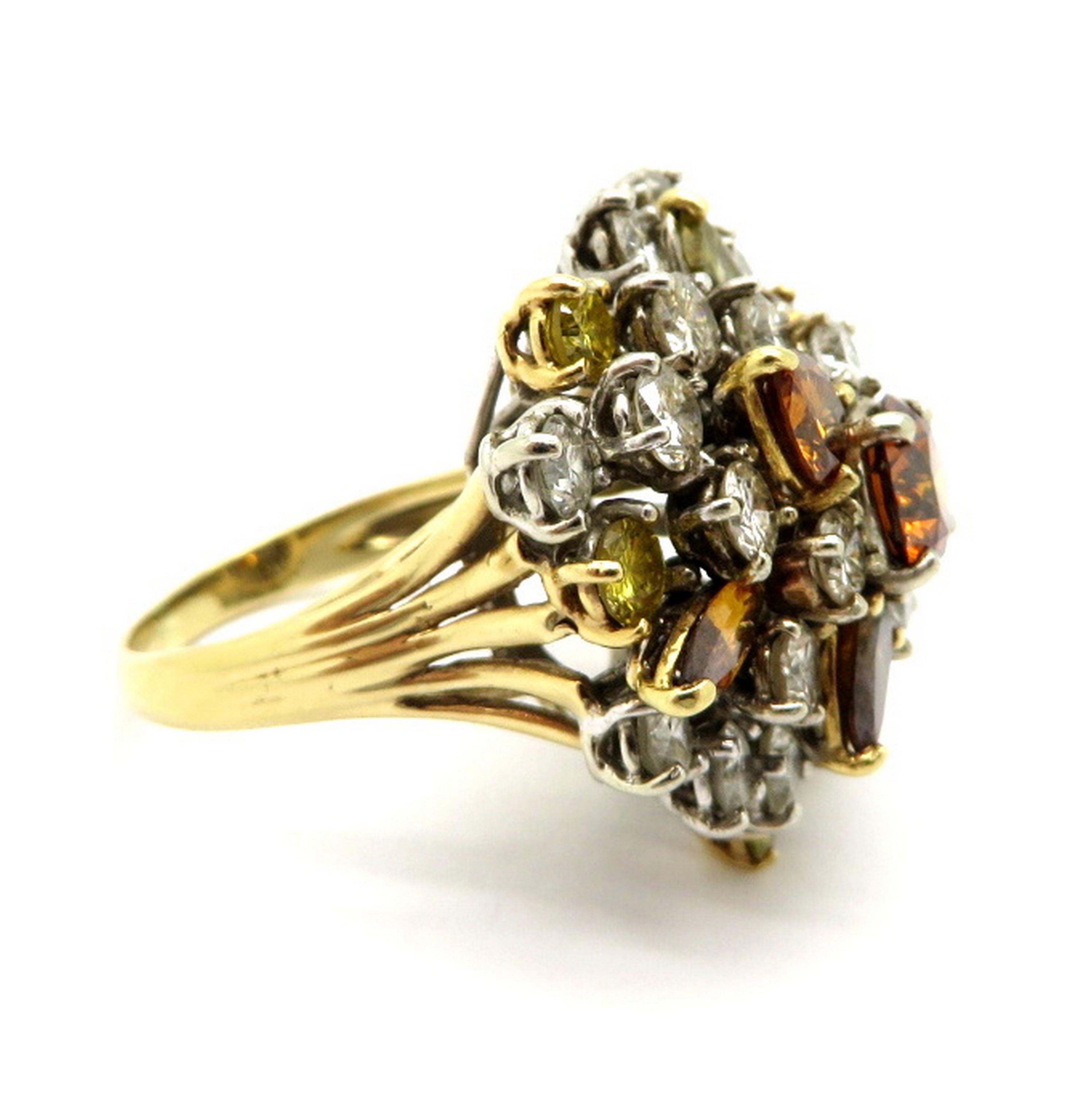 GIA-zertifizierter 18K zweifarbiger Estate-Cluster-Ring mit braunen und gelben Diamanten Damen im Angebot