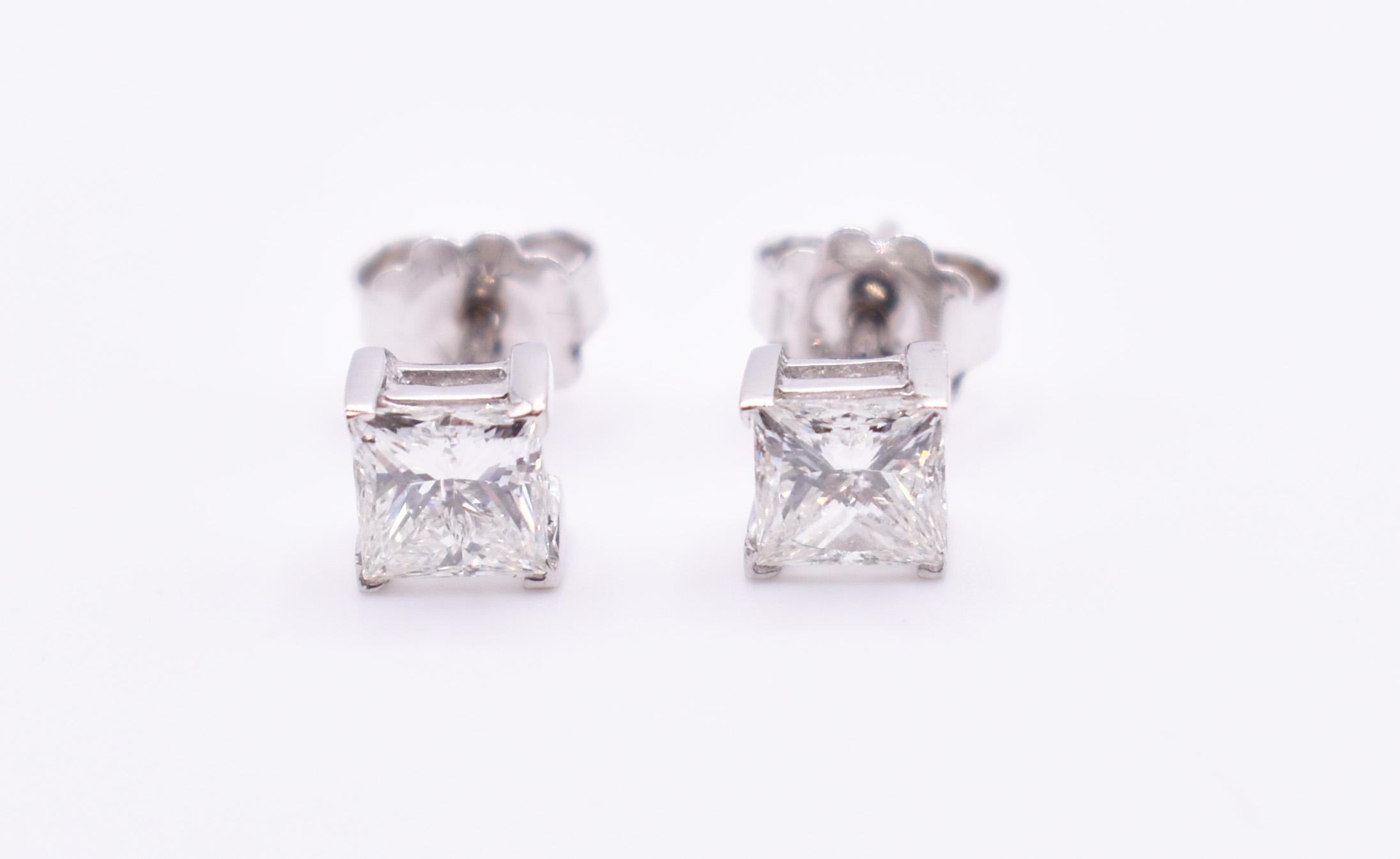 For sale is a splendid pair of GIA Certified Princess Cut Diamond Earrings, totaling 1.60cts. 

Metal: 18k White Gold
Total Carat Weight: 1.60ct
GIA Report No: 2225825518
                          7476187534