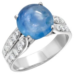 GIA Certified 18K White Gold 3.45ct Cabochon Sapphire Diamond Ring