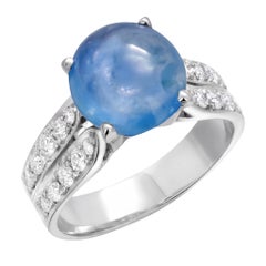 GIA Certified 18K White Gold 3.45ct Cabochon Sapphire Diamond Ring