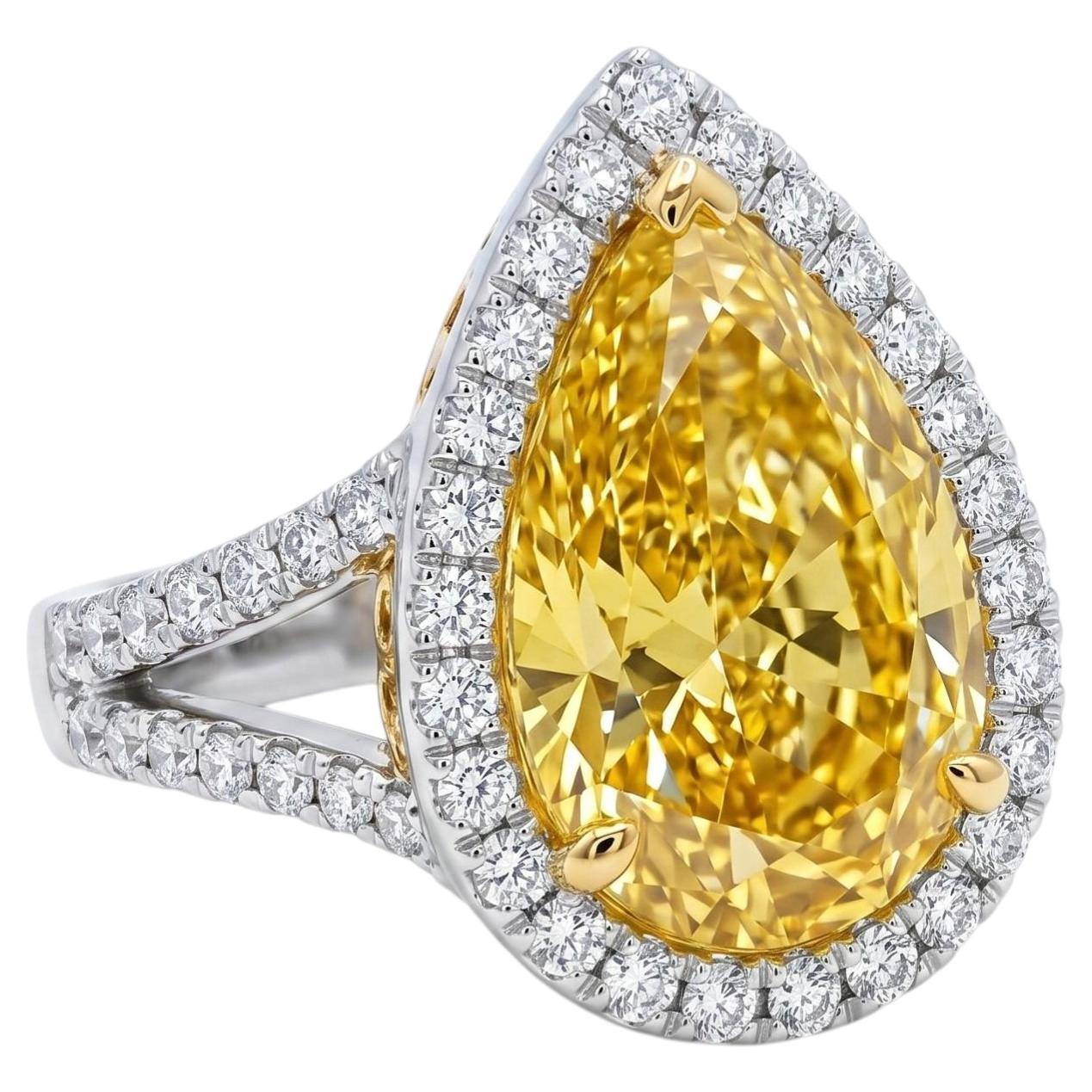 GIA Certified 18k White Gold 5.12 Carat Fancy Yellow Pear Diamond Halo Ring