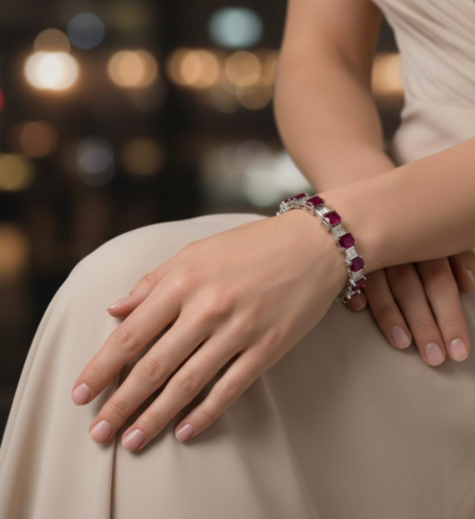 Taille émeraude Bracelet tennis en or blanc 18K certifié GIA avec rubis birman et diamants en vente