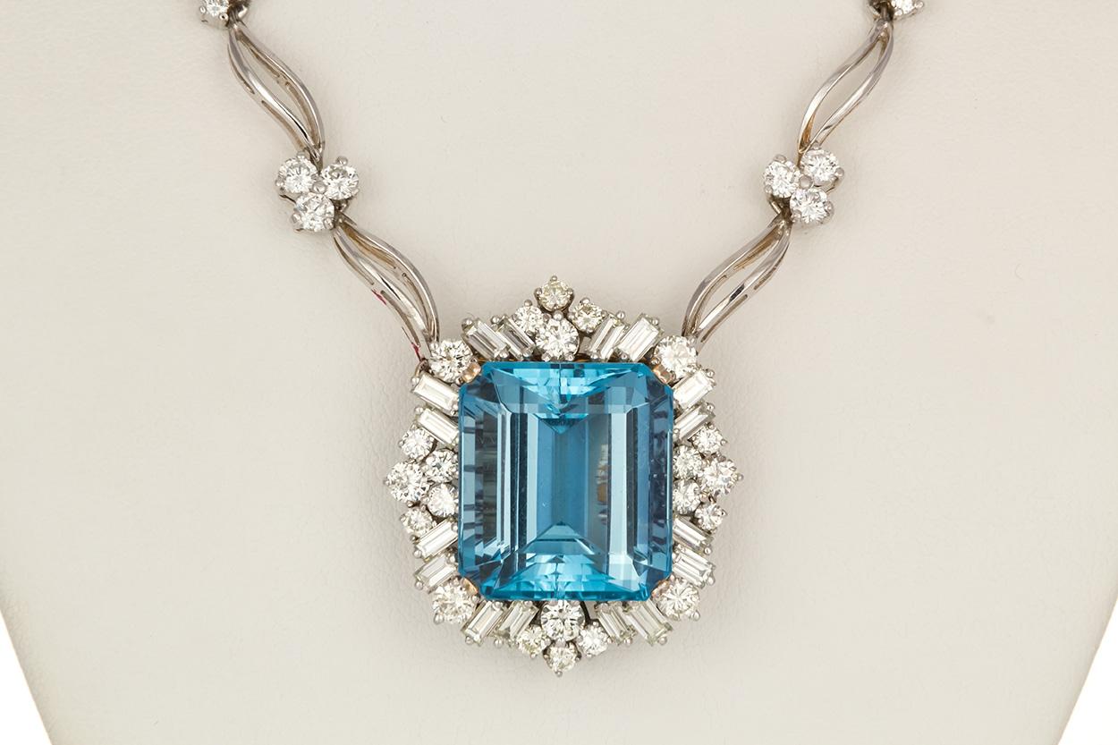 Contemporary GIA Certified 18K Gold Diamond and Aquamarine Set Ring and Necklace or Brooch