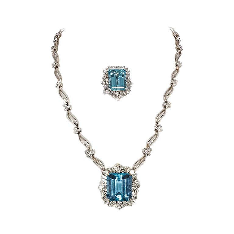 GIA Certified 18K Gold Diamond and Aquamarine Set Ring and Necklace or Brooch