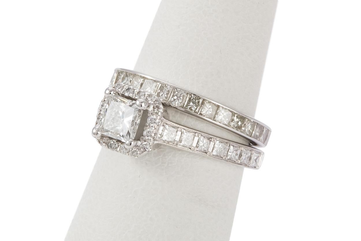 GIA Certified 18 Karat Gold and Princess Diamond Halo Wedding Set 3.58 Carat For Sale 3