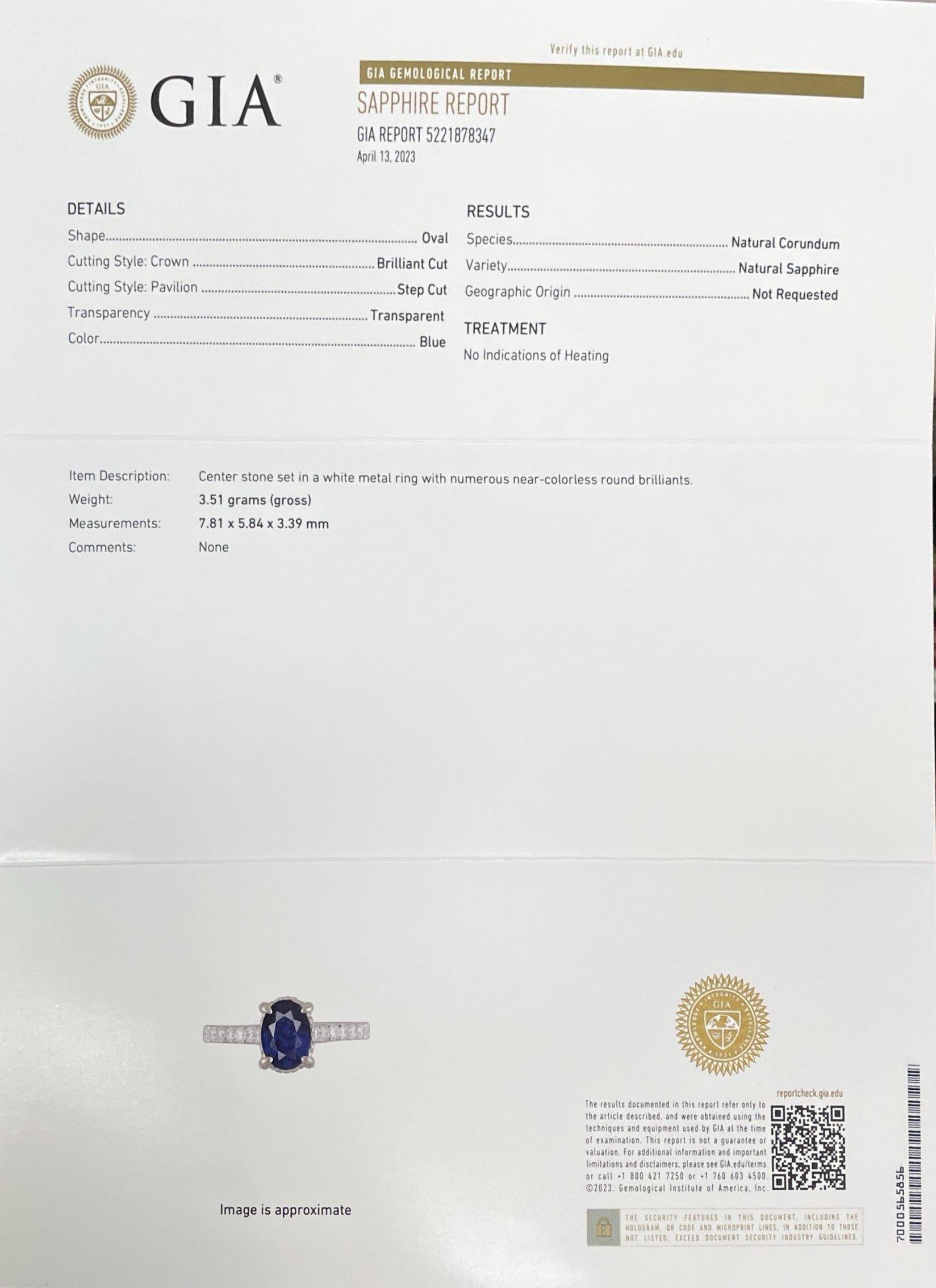 GIA Certified 18K White Gold Sapphire Diamond Engagement Ring For Sale 8